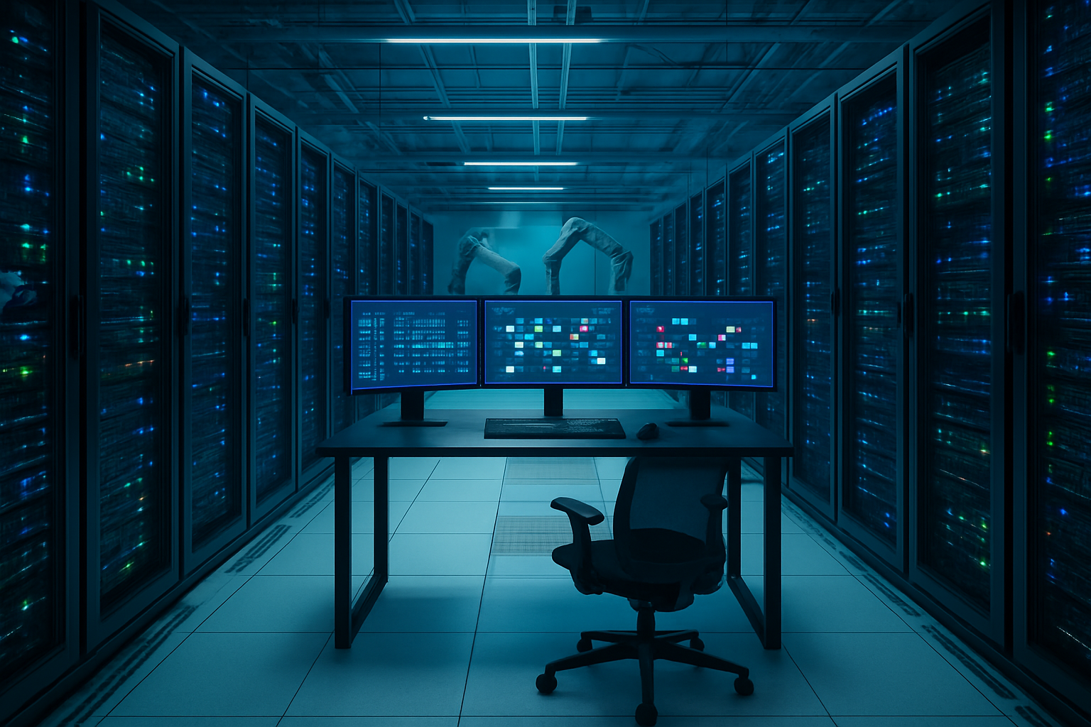 Create a realistic image of a modern data center server room with rows of black server racks containing blinking LED lights, ethernet cables neatly organized, a central workstation displaying multiple monitors showing infrastructure diagrams and deployment pipelines with colorful flowcharts and network topology visualizations, robotic arms or automated deployment mechanisms in the background suggesting automation, cool blue and green ambient lighting throughout the facility, clean white floors with cable management systems, and a professional technical atmosphere conveying seamless infrastructure automation, absolutely NO text should be in the scene.