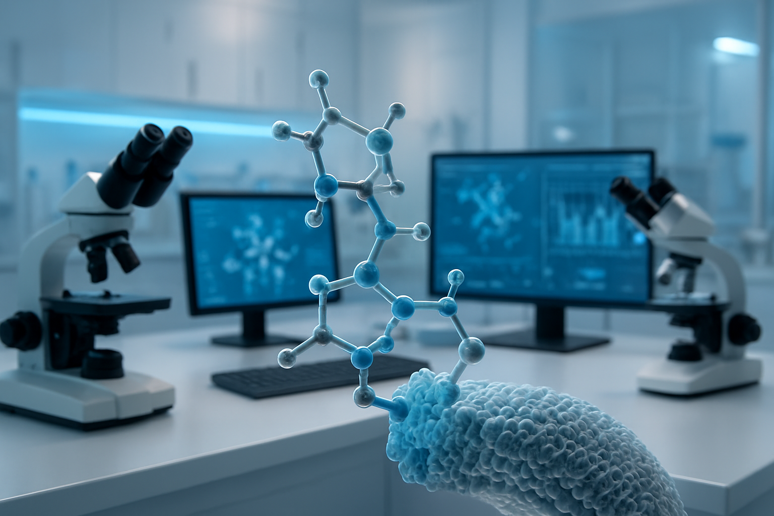 Create a realistic image of a futuristic laboratory scene showing a sophisticated biopharmaceutical drug molecule with precise targeting mechanisms, depicted as a sleek molecular structure with highlighted binding sites approaching specific cellular receptors, surrounded by advanced scientific equipment including microscopes and computer monitors displaying molecular data, set against a clean white laboratory background with soft blue accent lighting, emphasizing the precision and accuracy of modern biotechnology, absolutely NO text should be in the scene.
