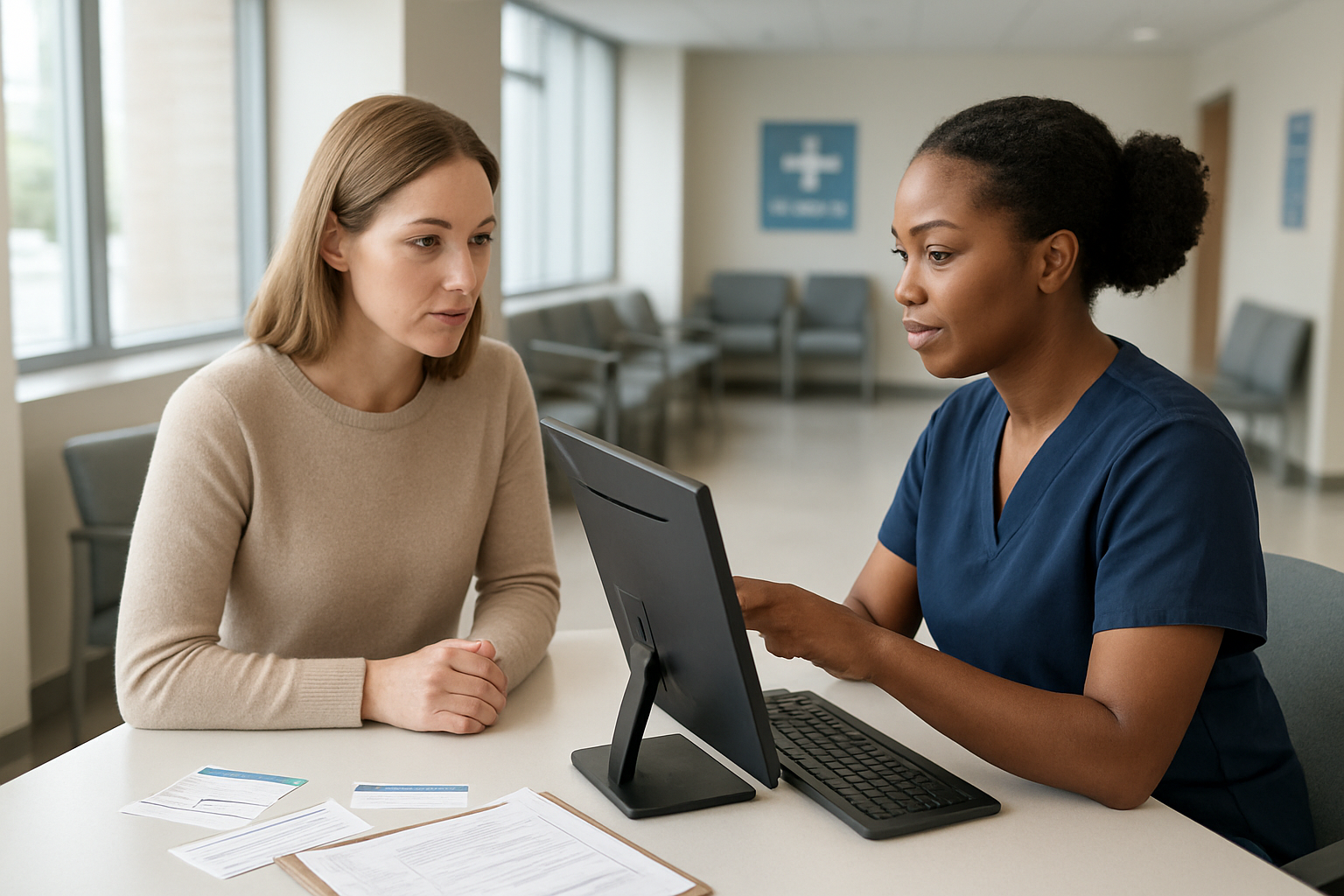 Create a realistic image of a white female patient sitting at a modern hospital reception desk consulting with a black female insurance coordinator who is reviewing documents on a computer screen, with medical insurance cards, authorization forms, and a clipboard with paperwork visible on the desk, set in a clean contemporary hospital lobby with soft natural lighting from large windows, professional healthcare environment with comfortable seating and medical facility signage in the background, focused and consultative mood as they discuss coverage details, absolutely NO text should be in the scene.