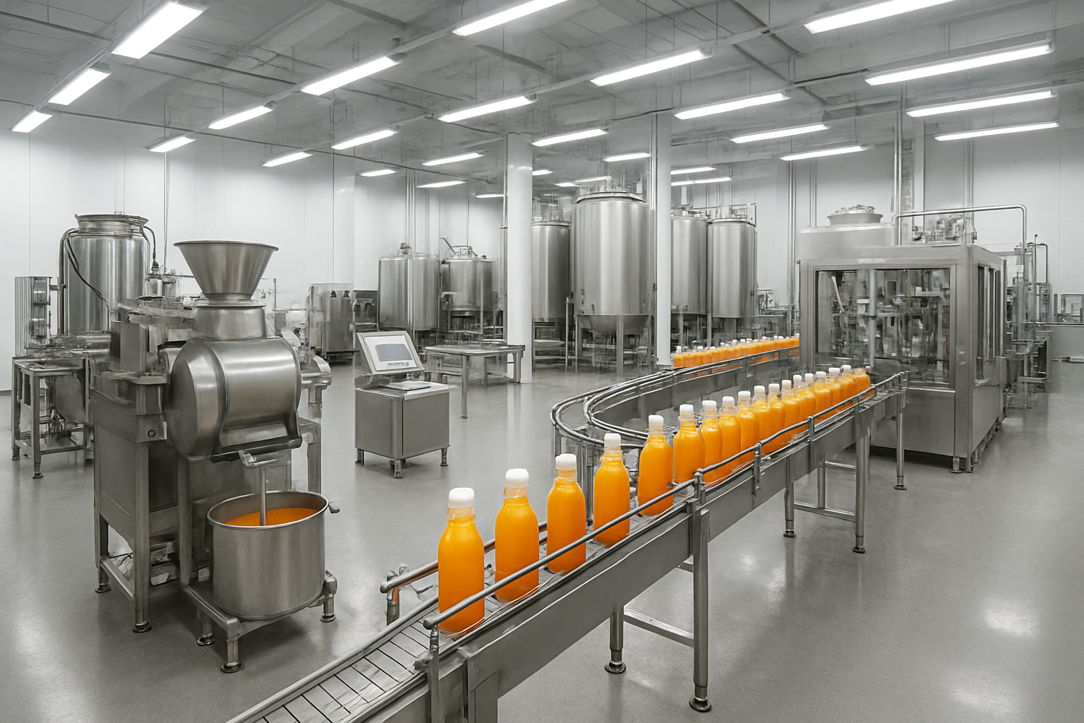 Create a realistic image of a modern fruit juice production facility interior showing stainless steel juicing machines, industrial blenders, conveyor belts, large storage tanks, bottling equipment, and quality control stations arranged in an organized layout with bright fluorescent lighting, clean white walls, and a polished concrete floor, capturing the professional atmosphere of a commercial food processing environment. Absolutely NO text should be in the scene.