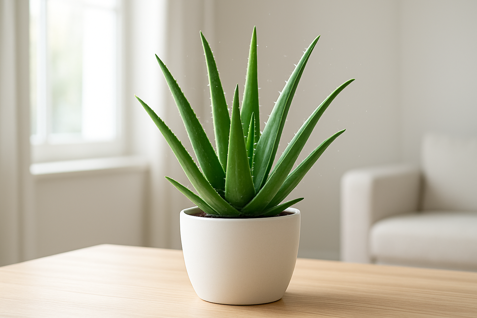 Create a realistic image of a healthy aloe vera plant with thick, succulent green leaves in a modern white ceramic pot, positioned on a clean wooden surface near a bright window with soft natural sunlight streaming in, surrounded by a fresh and airy home interior with clean white walls, showcasing the plant's air-purifying qualities with subtle floating particles or gentle air movement around the leaves, emphasizing the natural healing and purification atmosphere of a contemporary living space, absolutely NO text should be in the scene.