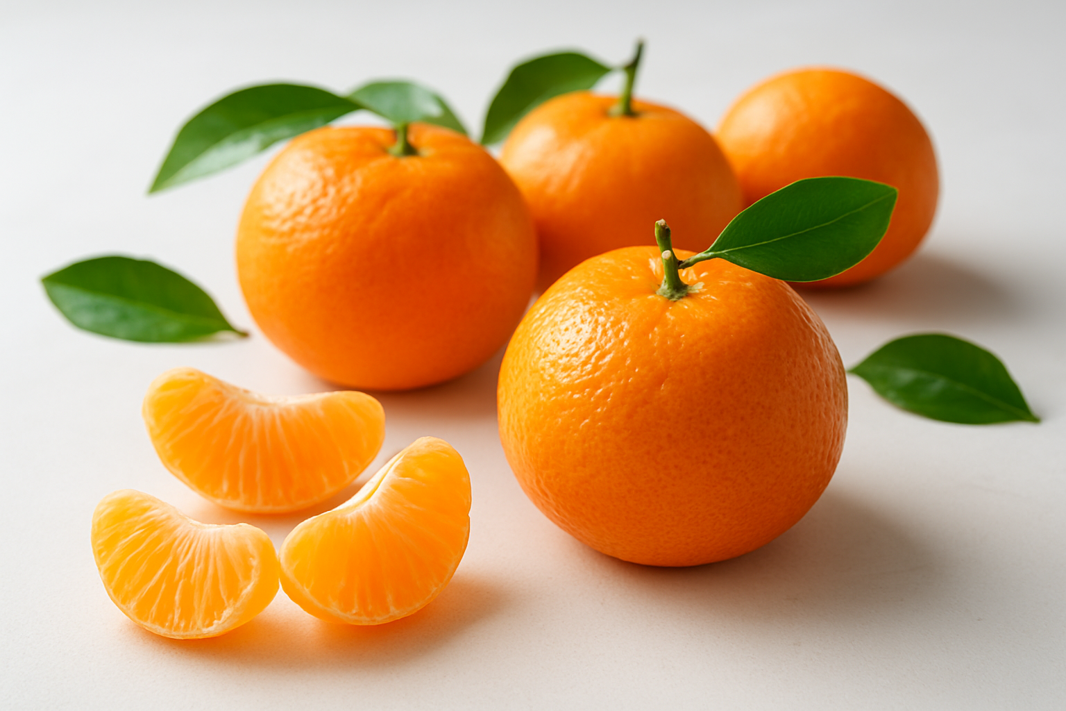 Create a realistic image of fresh mandarin oranges arranged on a clean white surface with some peeled segments displayed nearby, showcasing the vibrant orange color and juicy texture, accompanied by subtle visual elements suggesting health and nutrition like a few green leaves and natural lighting that highlights the fruit's freshness and appeal, shot from a slightly elevated angle with soft natural lighting creating gentle shadows, Absolutely NO text should be in the scene.
