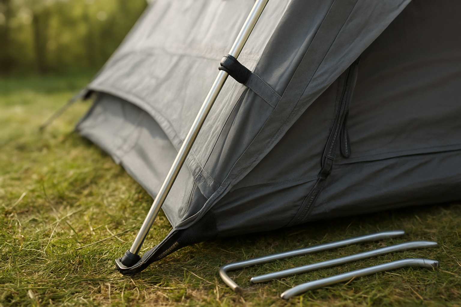 Create a realistic image of a detailed close-up view of camping tent construction elements showing a partially assembled tent with visible structural components including aluminum tent poles, reinforced fabric seams, waterproof zippers, guy-line attachment points, rainfly material, and tent stakes laid out on grass, with soft natural daylight illuminating the technical details and craftsmanship of the tent materials, set against a blurred outdoor camping background with trees, absolutely NO text should be in the scene.