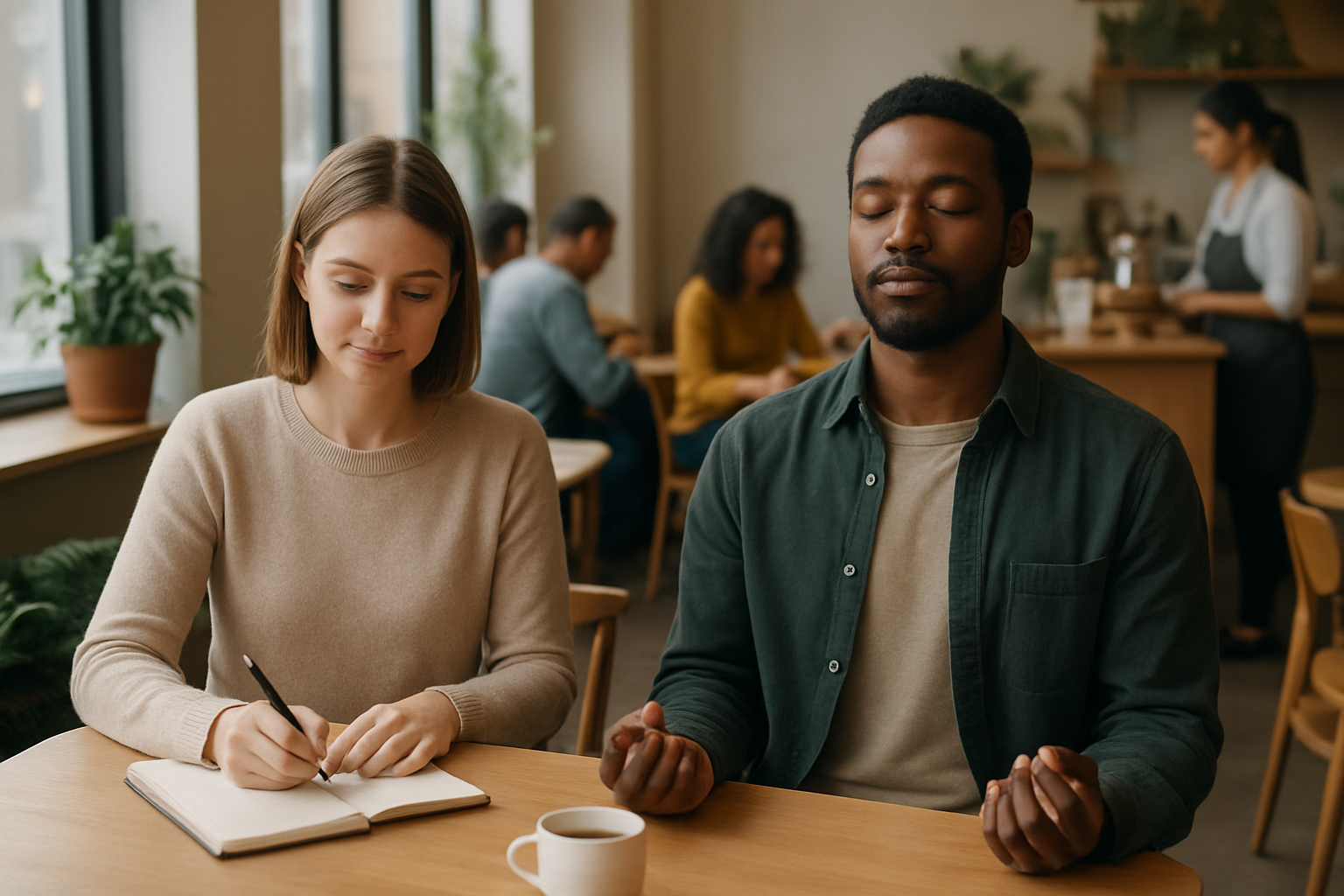 Create a realistic image of a diverse group showing a white female and black male sitting peacefully at a modern coffee shop table, with the woman writing in a journal and the man meditating with closed eyes, surrounded by other people in the background going about their daily activities without interference, soft natural lighting streaming through large windows creating a calm and serene atmosphere, potted plants and warm wooden furniture completing the tranquil scene, absolutely NO text should be in the scene.