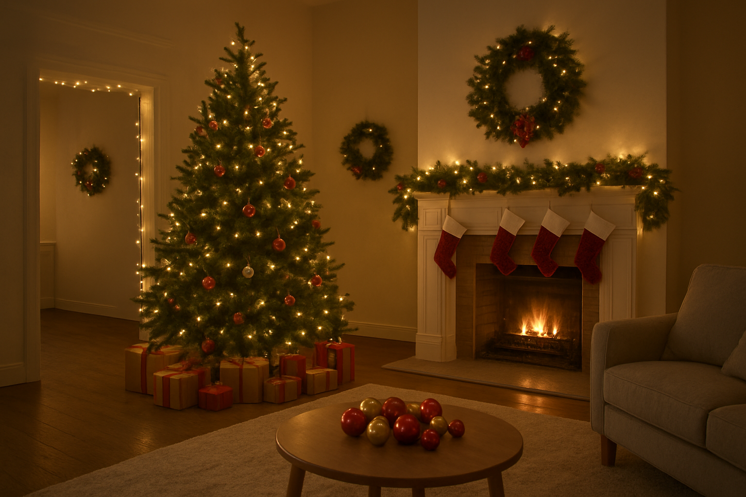 Create a realistic image of a cozy living room being decorated for Christmas with a partially decorated Christmas tree in the corner, holiday garlands draped over a fireplace mantel, festive red and gold ornaments scattered on a coffee table, warm string lights being hung around doorways, wrapped gift boxes placed under the tree, holiday stockings hanging from the mantel, pine wreaths visible in the background, soft warm lighting creating a welcoming atmosphere, and wooden floors with a plush area rug, absolutely NO text should be in the scene.