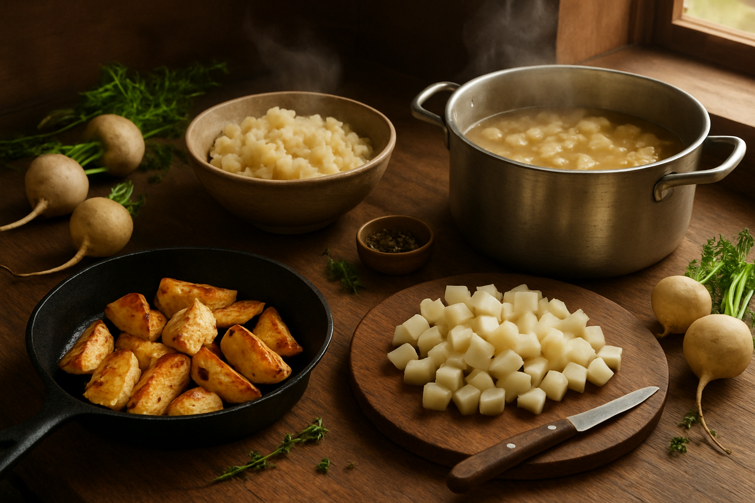 Create a realistic image of fresh white turnips being prepared using multiple cooking methods, showing a kitchen scene with turnips being roasted in a cast iron pan with golden caramelization, raw diced turnips on a wooden cutting board, turnips being mashed in a bowl with steam rising, and turnips in a pot of simmering soup, all arranged on a rustic wooden kitchen counter with warm natural lighting from a window, herbs and seasonings scattered around, creating an inviting culinary atmosphere that showcases various ways to cook turnips, absolutely NO text should be in the scene.