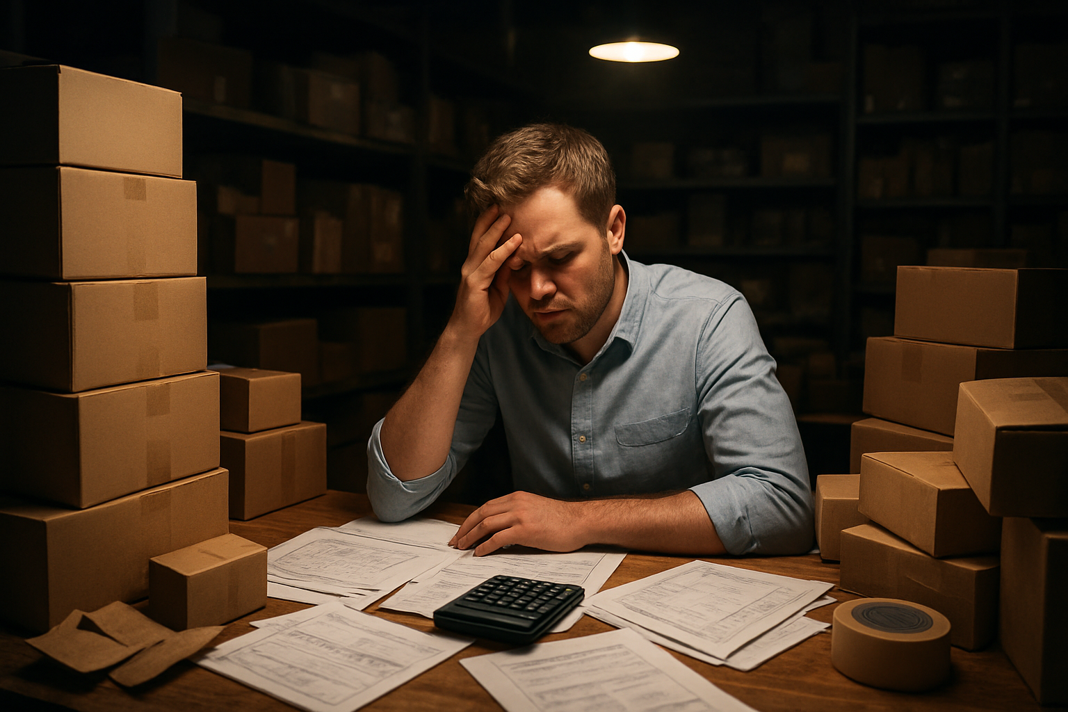 Create a realistic image of a frustrated white male entrepreneur sitting at a cluttered desk surrounded by stacks of physical product inventory boxes, order forms, and shipping materials, with a calculator showing minimal profit numbers, while in the background there are shelves overflowing with unsold merchandise, dim overhead lighting creating shadows that emphasize the overwhelming nature of the physical product business, conveying a sense of being trapped in a cycle of low returns and high operational costs, absolutely NO text should be in the scene.