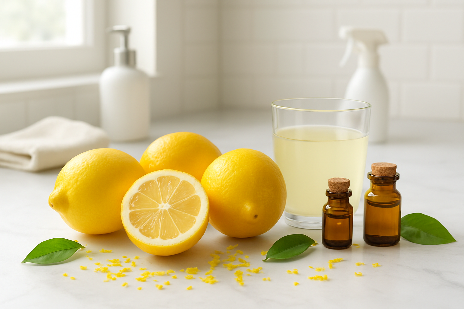 Create a realistic image of a bright, clean kitchen countertop scene featuring fresh whole lemons and cut lemon halves as the main focal point, surrounded by complementary elements including a glass of fresh lemon water, small bottles of lemon essential oil, lemon zest scattered artistically, a few green lemon leaves, and subtle household cleaning items in the background, all arranged on a light marble or white wooden surface with soft, natural daylight streaming in from a window creating gentle shadows and highlighting the vibrant yellow color of the lemons, conveying a fresh, healthy, and versatile lifestyle mood that encompasses culinary, health, beauty, and household applications, absolutely NO text should be in the scene.