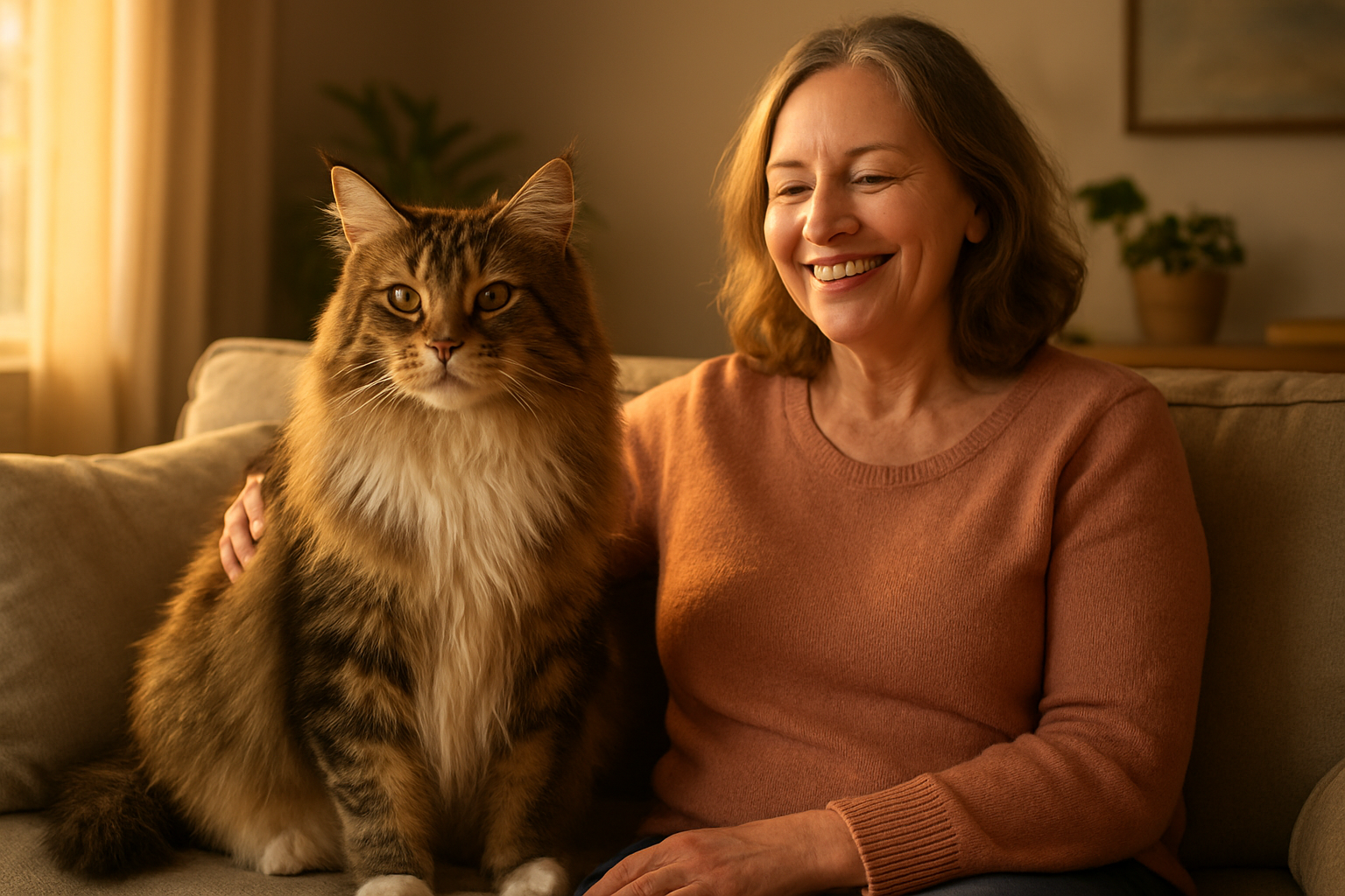 Create a realistic image of a beautiful Maine Coon cat with long fluffy fur in brown and white markings sitting contentedly next to a smiling middle-aged white female owner on a comfortable living room sofa, both looking relaxed and happy together, warm golden hour lighting streaming through a nearby window creating a cozy atmosphere, soft home decor visible in the background including plants and warm-toned furniture, the cat appearing large and majestic while displaying a gentle expression, the scene conveying love, companionship and the successful bond between a rescued cat and their new family, absolutely NO text should be in the scene.