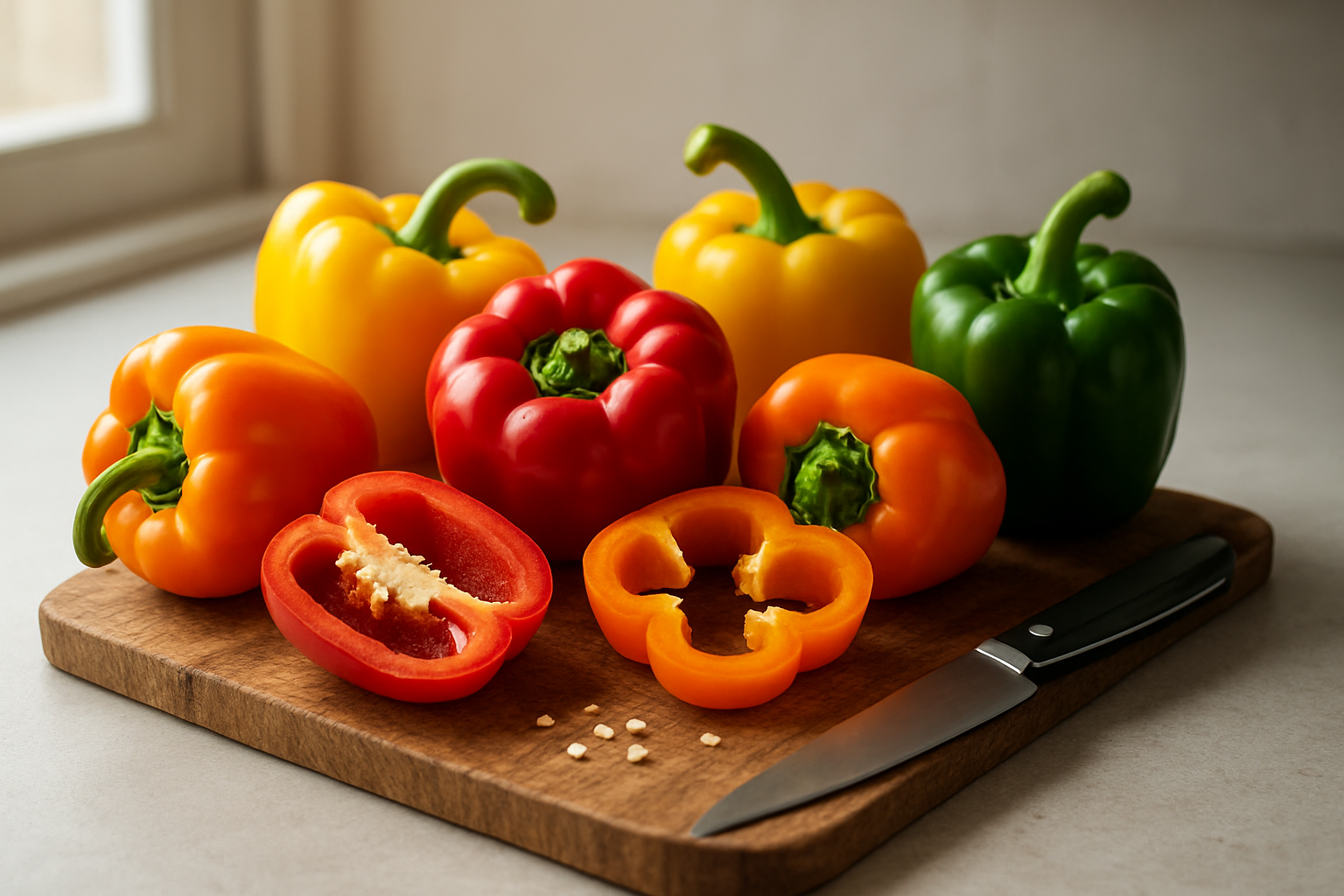 Create a realistic image of a vibrant assortment of fresh bell peppers in multiple colors including red, yellow, orange, and green bell peppers arranged beautifully on a rustic wooden cutting board, with some peppers whole and others sliced to show their interior seeds and flesh, placed on a clean kitchen counter with soft natural lighting from a nearby window, creating gentle shadows and highlighting the glossy skin texture and rich colors of the peppers, with a few scattered pepper seeds and a sharp kitchen knife positioned nearby, conveying a sense of freshness and culinary preparation in a warm, inviting kitchen atmosphere. Absolutely NO text should be in the scene.