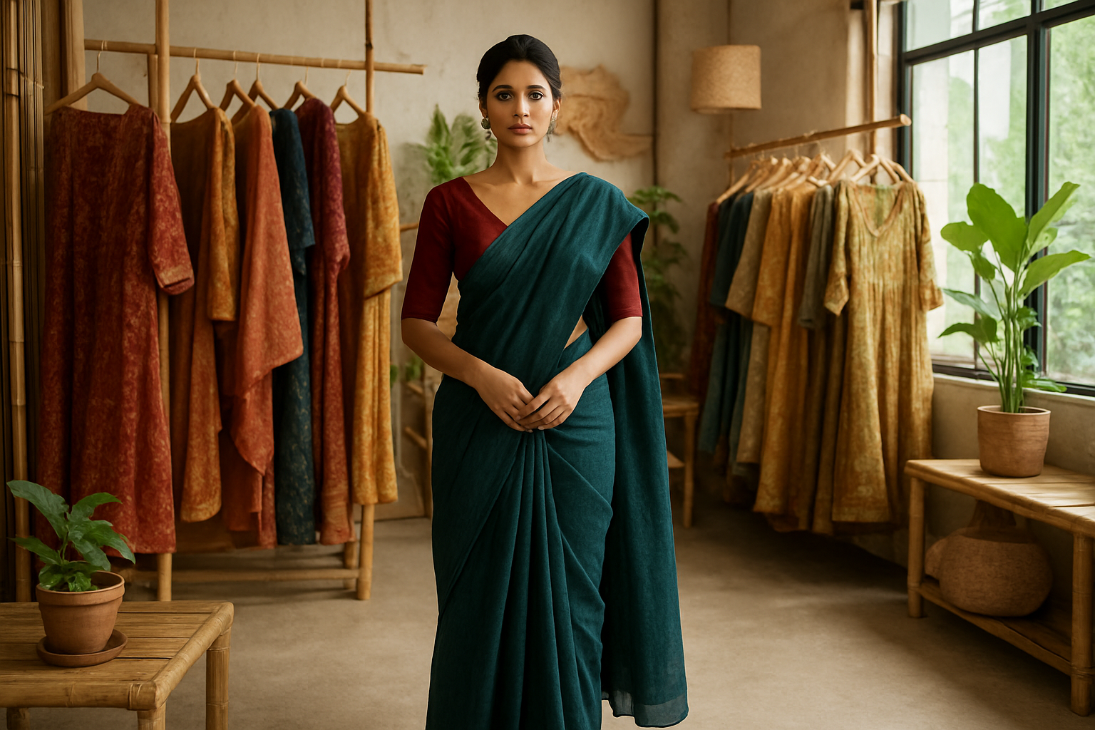Create a realistic image of an Indian female model wearing an elegant festive outfit made from sustainable fabrics like organic cotton or hemp in rich jewel tones, standing in a modern eco-friendly boutique with natural bamboo displays, potted plants, and recycled material decorations, surrounded by ethically-made traditional Indian garments including sarees and lehengas with natural dye patterns, soft natural lighting streaming through large windows, creating a warm and conscious fashion atmosphere that emphasizes environmental responsibility during festival season, absolutely NO text should be in the scene.