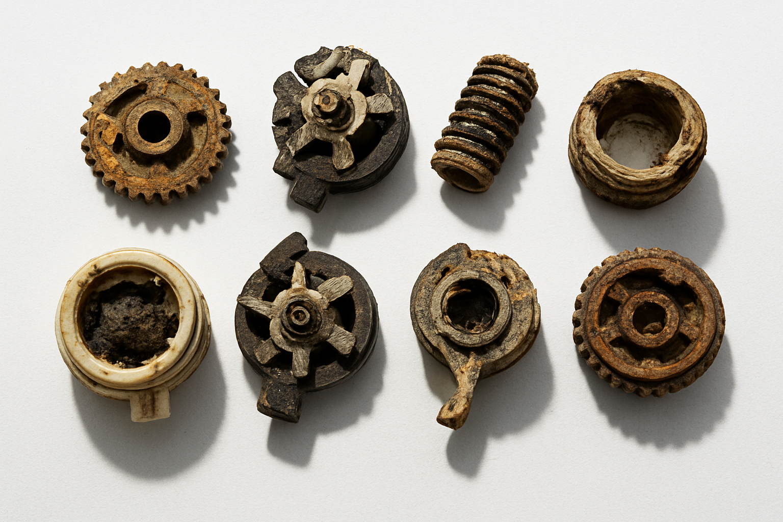 Create a realistic image of a close-up view of various sprinkler head components laid out on a clean white surface, showing worn and damaged parts including corroded metal gears, broken plastic rotating mechanisms, clogged nozzles with debris, cracked sprinkler head casings, and rusted springs, with bright overhead lighting creating clear shadows and highlighting the deterioration and wear patterns on each component, shot from a slightly elevated angle to show all parts clearly. Absolutely NO text should be in the scene.