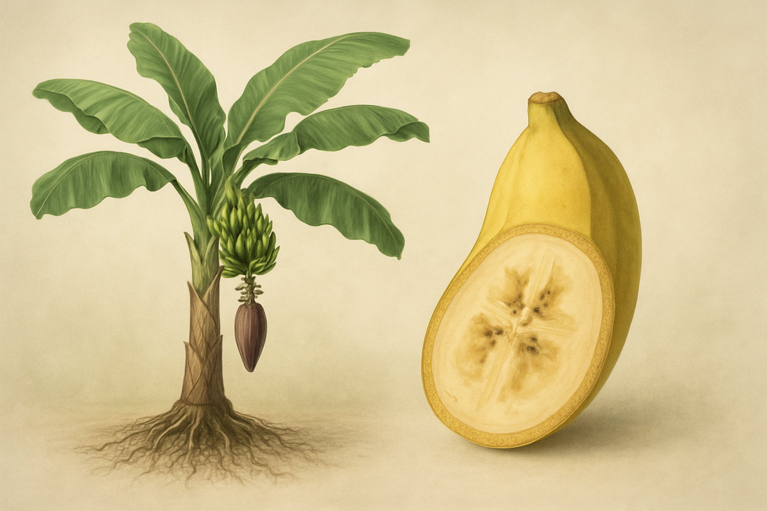 Create a realistic image of a cross-section view of a banana plant showing its botanical structure with visible roots, pseudostem, leaves, and banana bunch, alongside a detailed close-up of a single banana fruit cut in half revealing its internal anatomy with seeds and flesh, set against a soft natural background with gentle diffused lighting that highlights the scientific and educational nature of the botanical study, absolutely NO text should be in the scene.