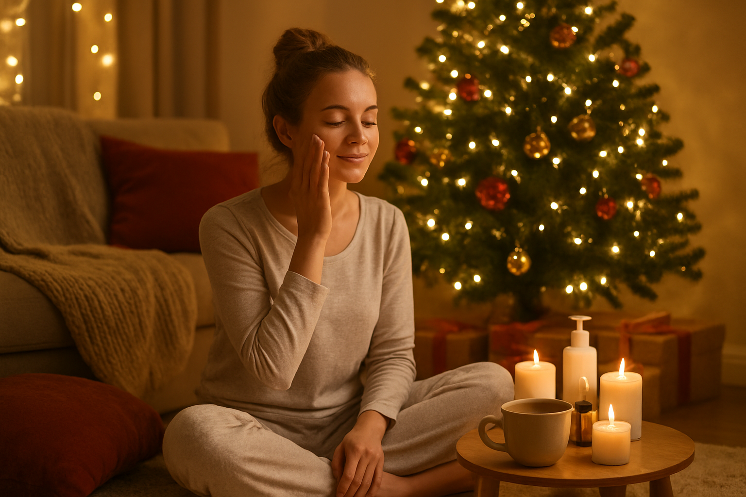 Create a realistic image of a cozy living room scene with Christmas decorations where a white female person in comfortable pajamas is sitting cross-legged on a soft rug near a decorated Christmas tree, engaging in self-care activities with skincare products, candles, and a warm cup of tea on a small table beside her, soft golden lighting from string lights and candles creating a peaceful and relaxing atmosphere, plush cushions and blankets scattered around, warm color tones of gold and red, absolutely NO text should be in the scene.