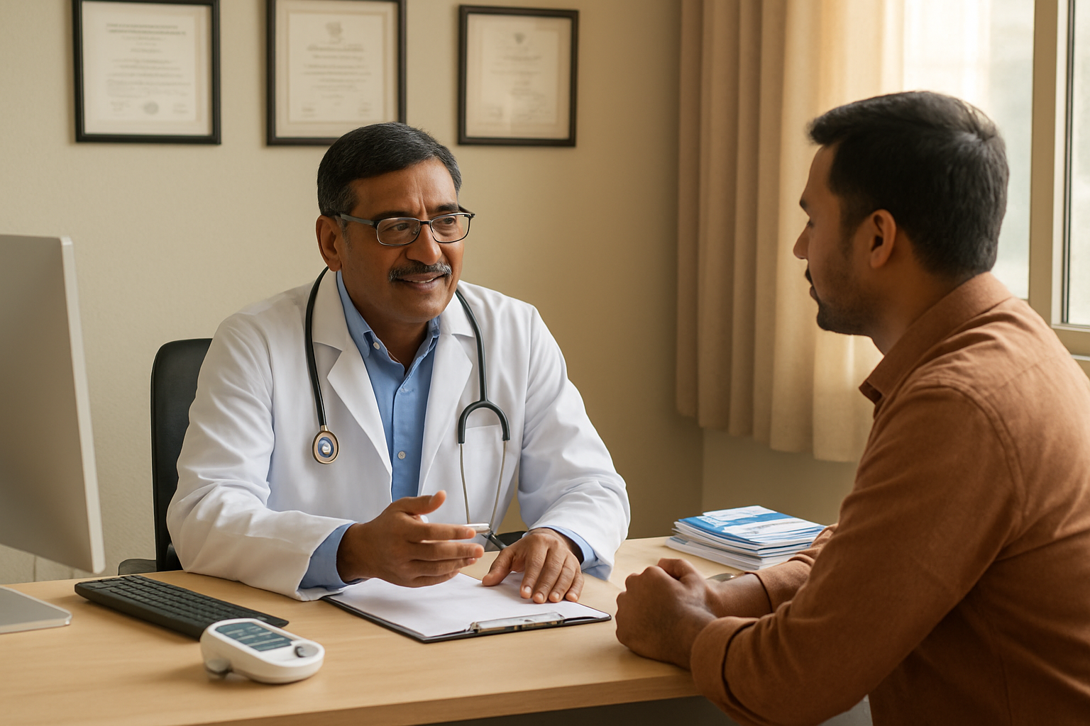 Create a realistic image of a modern medical consultation room in India with a middle-aged Indian male doctor in a white coat sitting across from an Indian male patient, both discussing treatment options, with medical certificates and diplomas hanging on the wall behind the doctor, a clean professional desk with medical equipment and brochures, warm natural lighting from a window, conveying trust and professionalism in a healthcare setting, absolutely NO text should be in the scene.