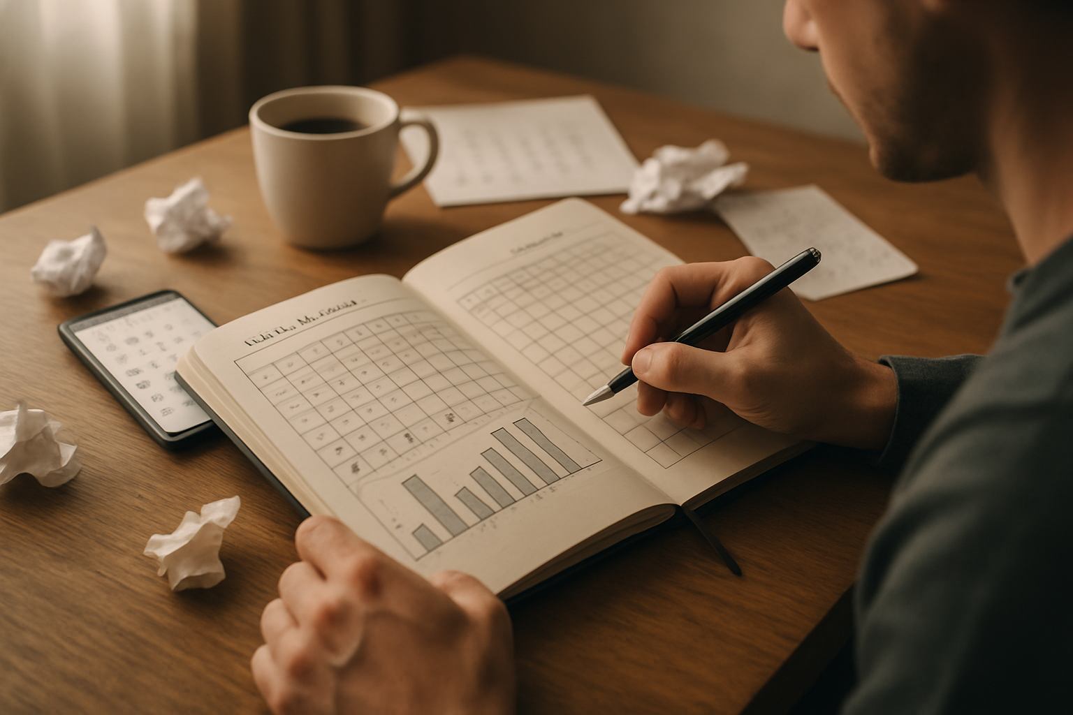 Create a realistic image of a person sitting at a desk with a habit tracking journal or planner open, showing checkmarks and progress charts, with a smartphone displaying a habit tracking app nearby, surrounded by visual symbols of life's challenges like scattered papers, a coffee cup, and calendar pages, in a softly lit home office environment with natural light filtering through a window, conveying determination and resilience in maintaining personal growth routines despite obstacles, with a motivational and focused atmosphere, absolutely NO text should be in the scene.