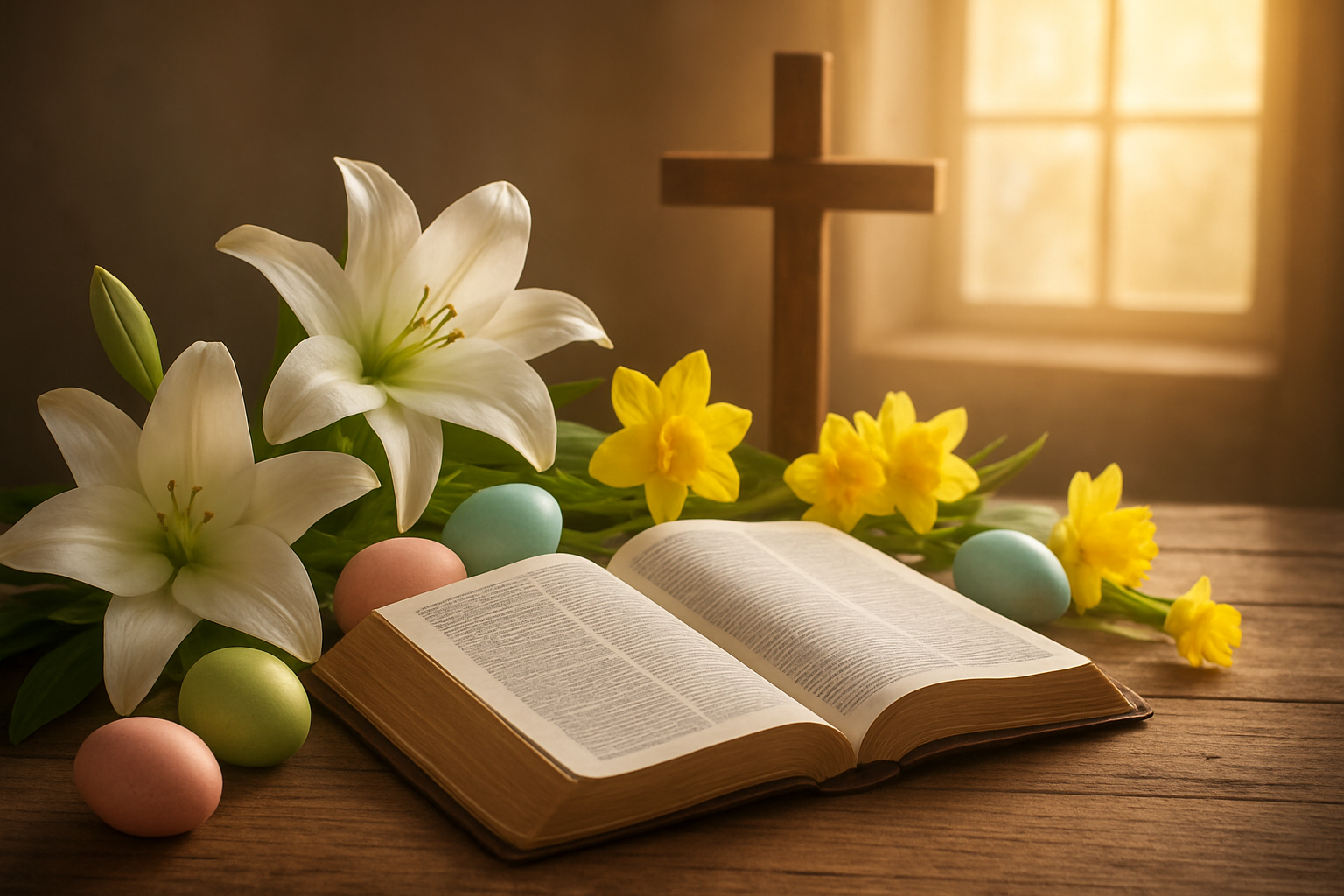 Create a realistic image of a serene Easter scene featuring an open Bible with pages gently fluttering in a soft breeze, placed on a rustic wooden table, surrounded by fresh spring flowers including white lilies and yellow daffodils, with painted Easter eggs in pastel colors nestled among the blooms, a wooden cross standing prominently in the background, warm golden sunlight streaming through a window creating soft shadows and highlights across the scene, conveying a peaceful and contemplative Christian atmosphere perfect for Easter reflection and worship, absolutely NO text should be in the scene.