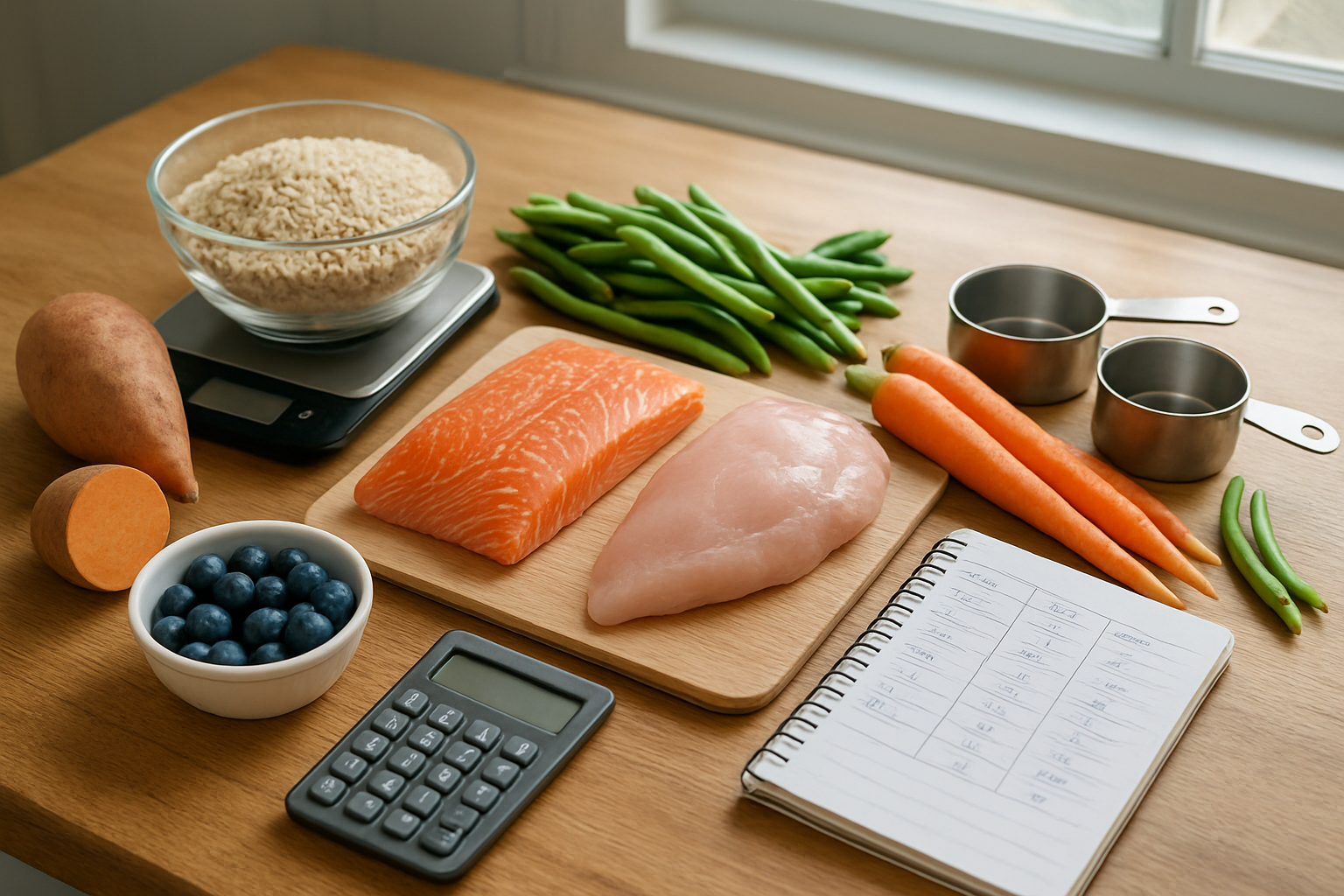 Create a realistic image of a clean wooden kitchen counter displaying various dog-friendly nutritional ingredients including fresh salmon fillet, lean chicken breast, brown rice in a glass bowl, sweet potatoes, carrots, green beans, and blueberries, with a digital kitchen scale showing measurements, a notebook with handwritten nutritional charts and percentages, a calculator, and measuring cups nearby, all arranged in an organized manner with soft natural lighting from a window, representing the importance of understanding proper nutrition for homemade dog food preparation, absolutely NO text should be in the scene.