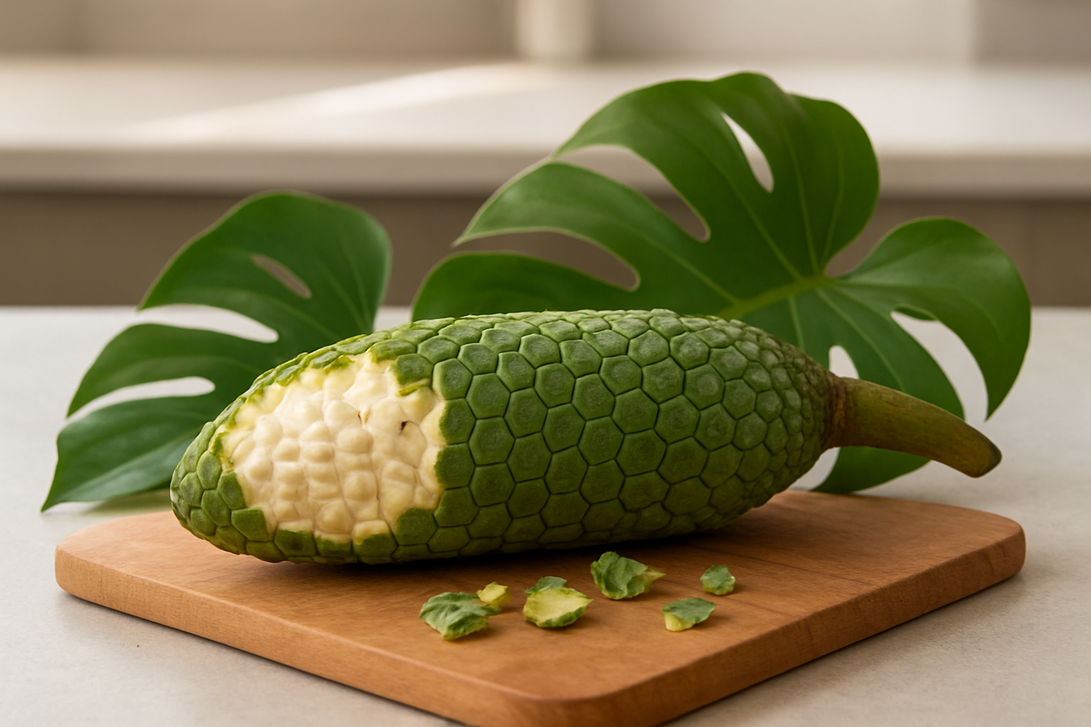 Create a realistic image of a ripe Monstera deliciosa fruit with its distinctive hexagonal scales partially peeled back to reveal the creamy white edible flesh inside, positioned on a wooden cutting board next to fresh green Monstera deliciosa leaves with their characteristic holes and splits, set against a clean kitchen counter background with natural daylight streaming in, showing the exotic tropical fruit in detail with some scales naturally falling away to emphasize the discovery aspect, warm and inviting lighting that highlights the texture and unique appearance of this unusual Swiss cheese plant fruit, absolutely NO text should be in the scene.