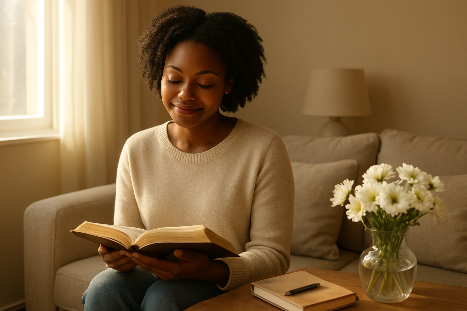 Create a realistic image of a young black woman in her late twenties sitting peacefully in a cozy living room, reading a Bible with a gentle smile, sunlight streaming through a window creating warm golden lighting, a small journal and pen beside her on a wooden coffee table, fresh white flowers in a vase nearby, soft neutral-colored furniture and decor creating a serene atmosphere of spiritual preparation and personal growth, absolutely NO text should be in the scene.