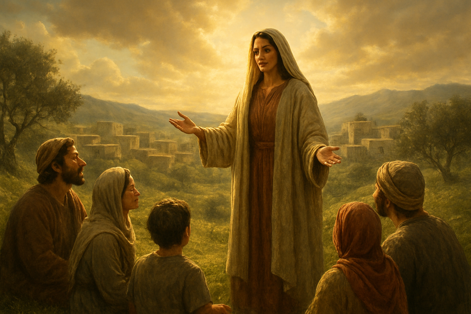 Create a realistic image of a middle-eastern female figure in biblical-era robes standing on a hillside overlooking a ancient village, her arms gently outstretched in a welcoming gesture as she speaks to a small gathering of diverse people seated on the grass below, with warm golden sunlight streaming through clouds creating an inspiring and hopeful atmosphere, ancient stone buildings and olive trees visible in the background, the scene conveying teaching and spiritual guidance with soft, divine lighting illuminating the speaker's face. Absolutely NO text should be in the scene.