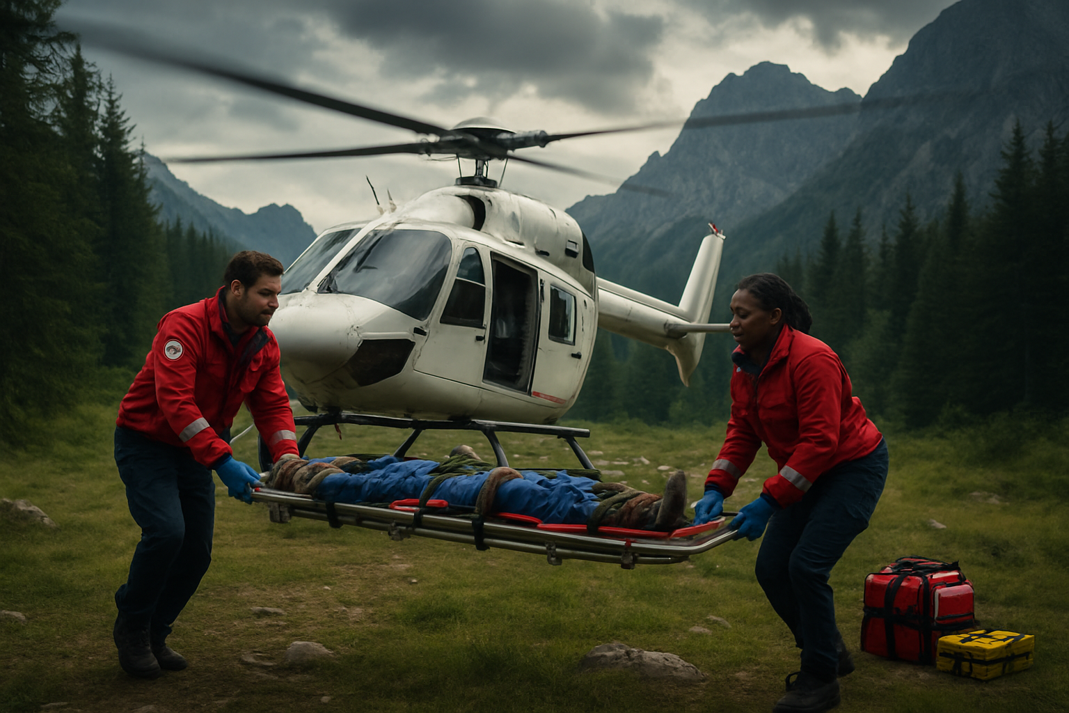 Create a realistic image of a helicopter landing in a mountain wilderness clearing with medical personnel preparing to evacuate an injured hiker, showing a white male paramedic and a black female rescue worker carrying a stretcher towards the aircraft, with dense forest and rocky peaks in the background, dramatic natural lighting from an overcast sky, emergency medical equipment visible near the helicopter, conveying urgency and professionalism in a remote outdoor setting, absolutely NO text should be in the scene.