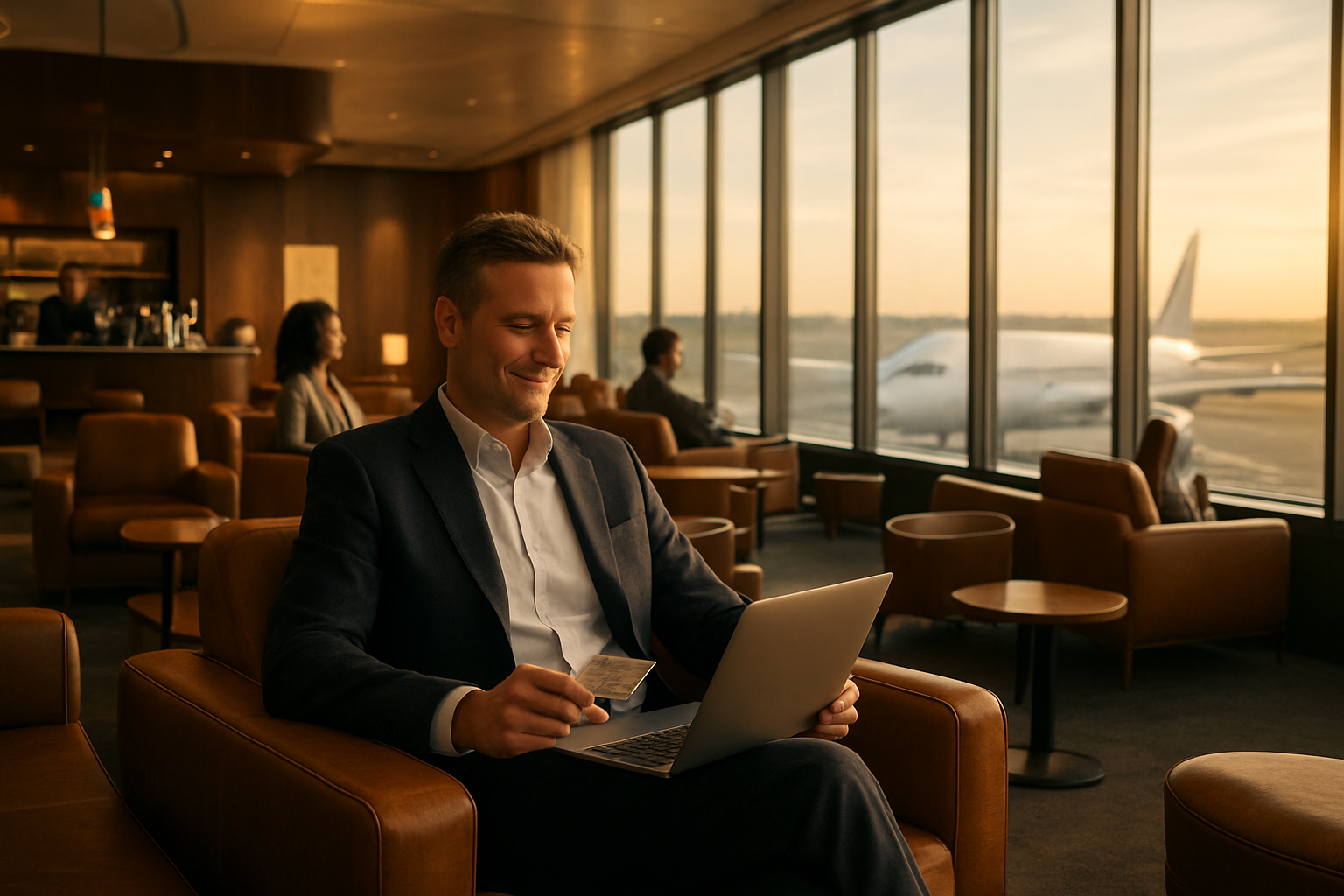 Create a realistic image of a sophisticated airport lounge interior with warm, golden lighting featuring comfortable leather seating areas, a white male business traveler in his 40s sitting relaxedly with a laptop and boarding pass, premium amenities like a coffee bar and floor-to-ceiling windows showing aircraft on the tarmac, elegant modern decor with wood accents, other diverse travelers in the background enjoying the luxurious space, conveying a sense of exclusivity and travel rewards benefits, shot during golden hour with soft natural light filtering through the windows creating an aspirational and successful travel lifestyle atmosphere, absolutely NO text should be in the scene.