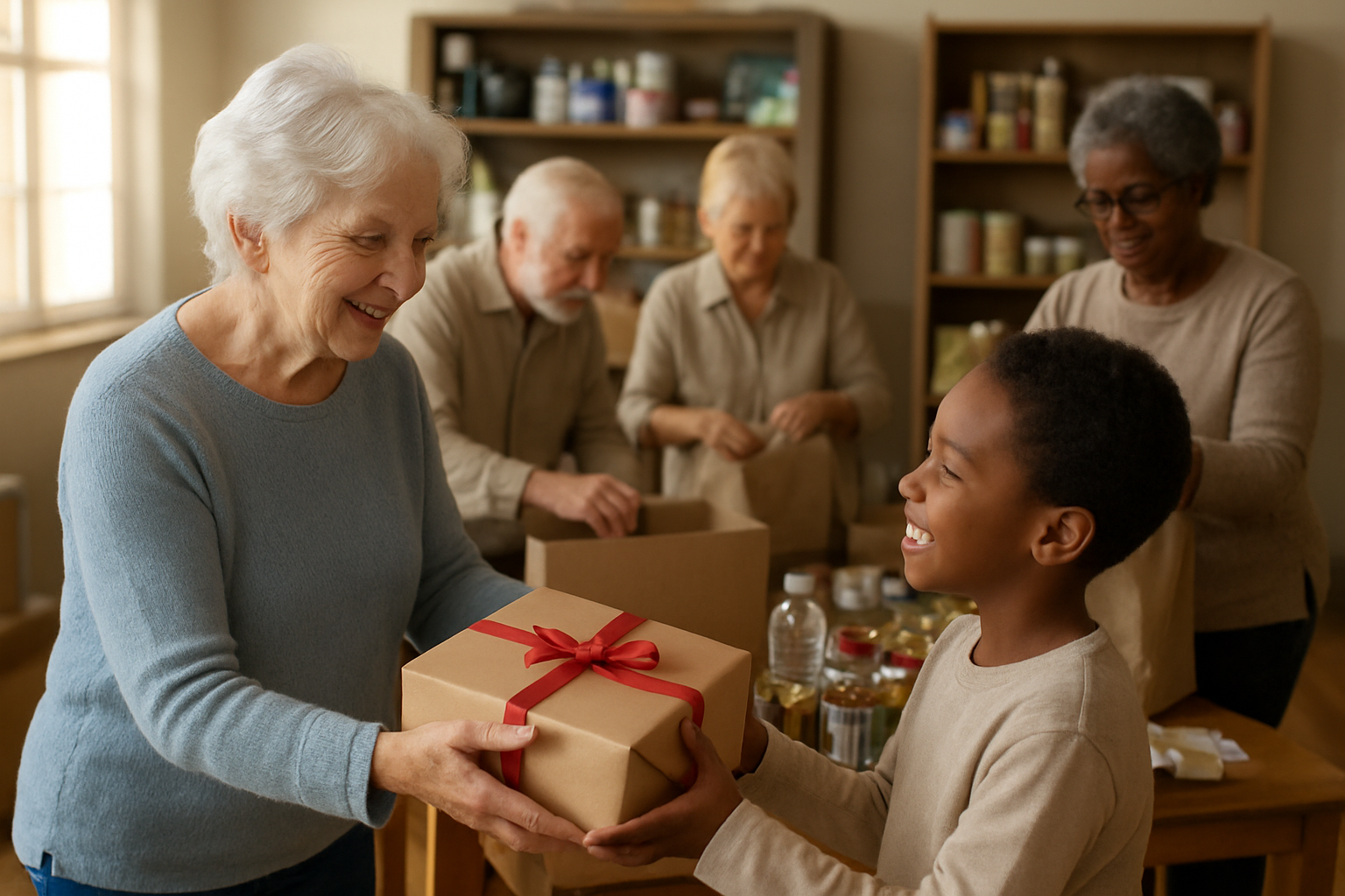 Create a realistic image of an elderly white female with gentle smile handing a wrapped gift to a young black child, surrounded by other diverse elderly people engaged in charitable activities like sorting donations and preparing care packages, warm indoor community center setting with soft natural lighting streaming through windows, wooden tables filled with food items and supplies, atmosphere of kindness and compassion, people wearing casual comfortable clothing, background showing shelves with donated goods, absolutely NO text should be in the scene.