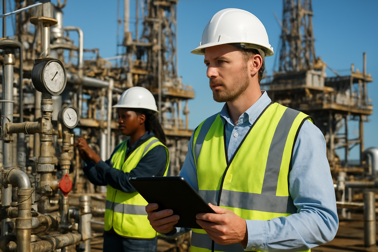 Create a realistic image of a white male safety engineer in a hard hat and high-visibility vest conducting a pre-release safety assessment at an industrial oil rig, holding a digital tablet and clipboard while inspecting pressure gauges, valves, and safety equipment, with another black female technician in safety gear checking measurement instruments in the background, set against an industrial offshore drilling platform environment with steel structures, pipes, and equipment under bright daylight with clear blue sky, conveying a professional and methodical safety inspection atmosphere, absolutely NO text should be in the scene.