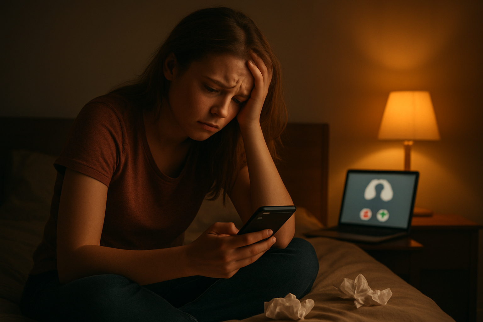 Create a realistic image of a young white female sitting alone on a bed in a dimly lit bedroom, looking frustrated and sad while staring at her smartphone screen, with scattered tissues nearby, a laptop showing a dating app interface in the background, and warm amber lighting from a bedside lamp creating a melancholic atmosphere that conveys the emotional challenges of modern digital dating, absolutely NO text should be in the scene.