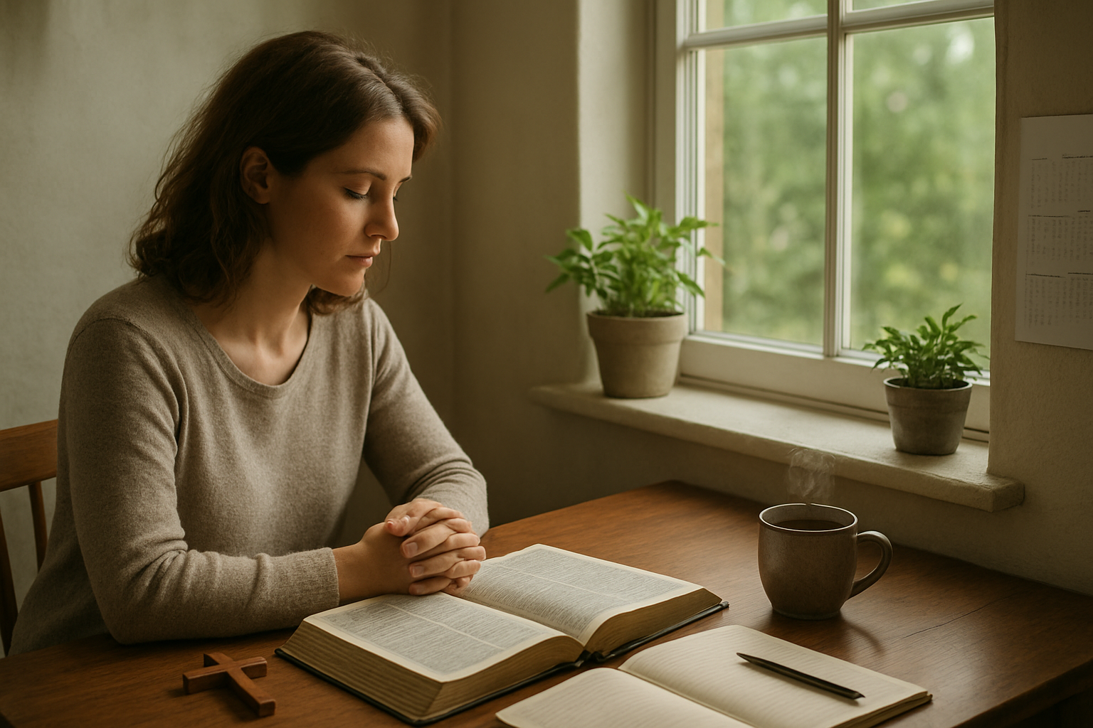 Create a realistic image of a peaceful morning scene showing a white female in her 30s sitting at a wooden desk near a window with soft natural light streaming in, an open Bible and journal with a pen beside it, a small wooden cross placed nearby, a steaming cup of coffee, and a calendar on the wall showing multiple months, with green plants on the windowsill and a serene outdoor view of trees in the background, conveying a sense of quiet devotion and spiritual discipline, absolutely NO text should be in the scene.