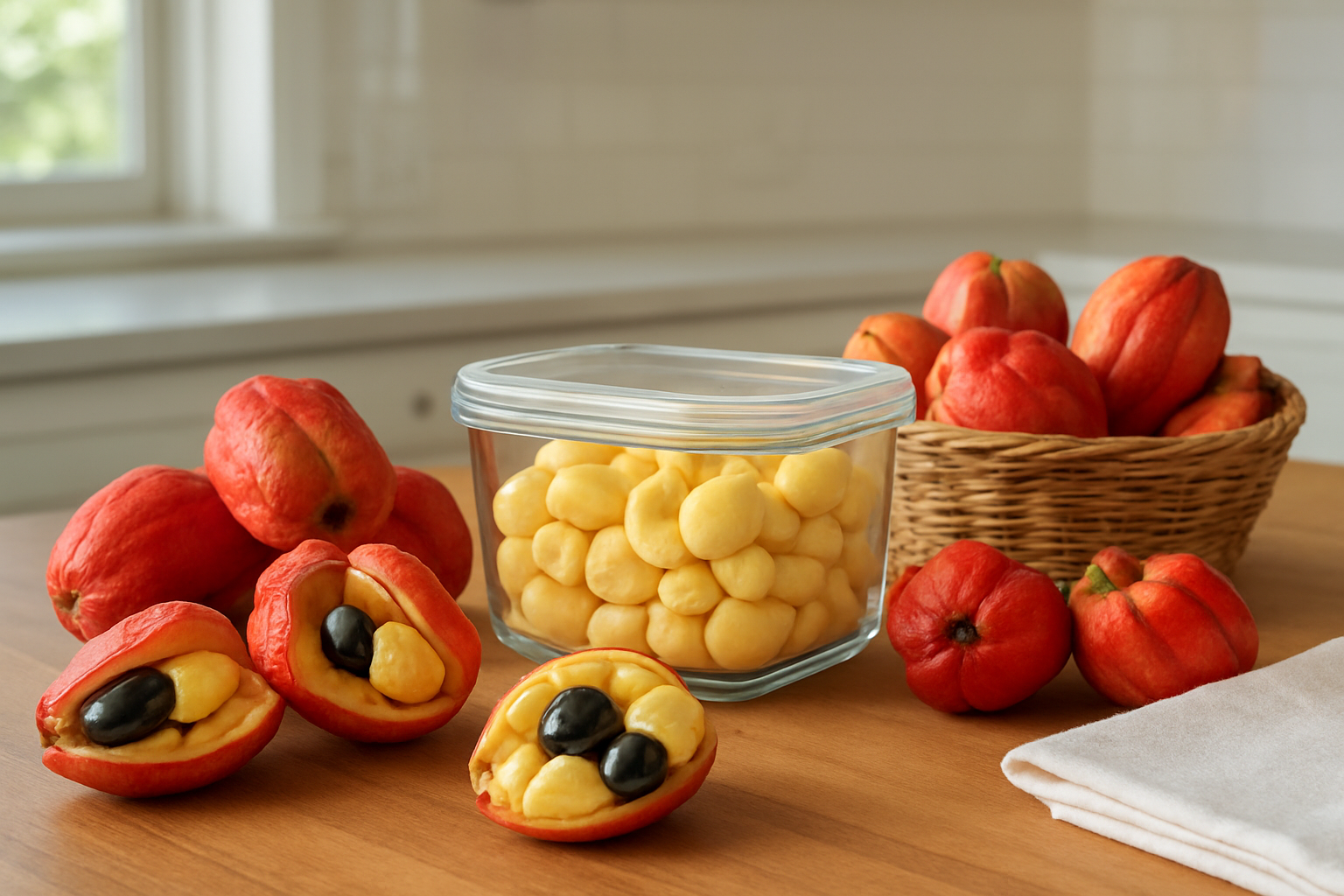 Create a realistic image of fresh ackee fruits in various stages of ripeness displayed on a wooden kitchen counter, with some whole red ackee pods that have naturally opened to reveal creamy yellow arils inside, alongside a glass storage container with a tight-fitting lid containing properly prepared ackee arils, a small wicker basket with recently harvested ackee fruits, and a clean kitchen towel nearby, set in a bright, well-lit kitchen environment with natural daylight streaming in, absolutely NO text should be in the scene.