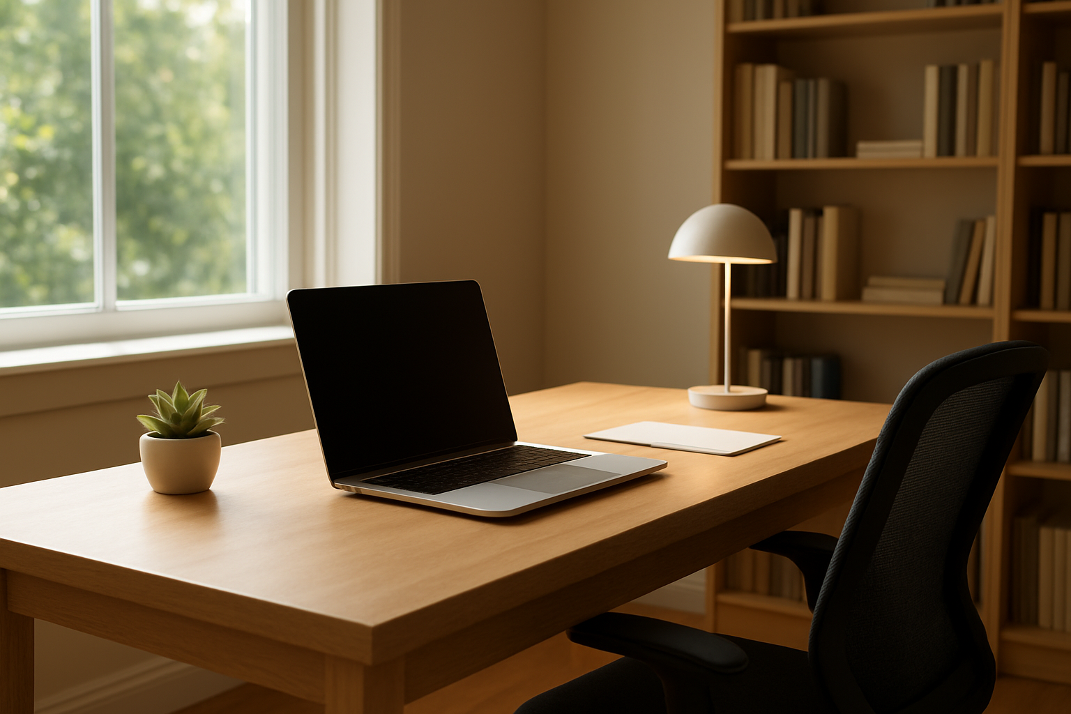 Create a realistic image of a modern, well-lit workspace featuring a clean desk with an open laptop, a small potted plant, natural sunlight streaming through a large window, soft ambient lighting from a desk lamp, organized bookshelves in the background, comfortable ergonomic chair, and a peaceful atmosphere with minimal clutter, showcasing an optimal environment for focus and concentration, Absolutely NO text should be in the scene.