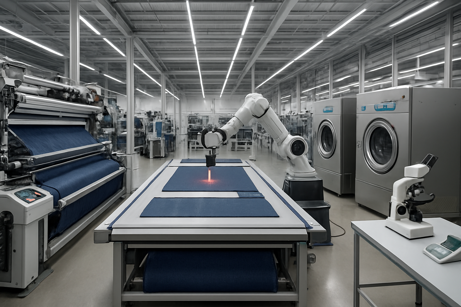 Create a realistic image of a modern denim manufacturing facility showcasing advanced textile machinery with computerized looms weaving indigo denim fabric, high-tech automated cutting tables with precision laser cutters, robotic arms handling denim pieces, industrial washing machines with digital control panels, and quality control stations with microscopic inspection equipment, set in a clean well-lit factory environment with white LED lighting, steel framework, and polished concrete floors, conveying innovation and precision manufacturing. Absolutely NO text should be in the scene.