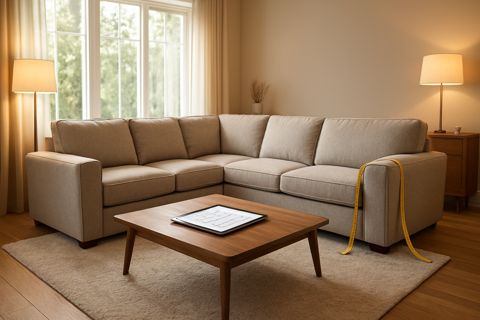 Create a realistic image of a spacious living room interior showing a large 7-seater sectional sofa in neutral beige or gray fabric positioned in the center, with a measuring tape draped over one armrest and a digital tablet displaying furniture dimensions lying on the coffee table, complemented by a modern wooden coffee table, soft area rug beneath the sofa, warm ambient lighting from floor lamps and natural light streaming through large windows, creating a cozy family atmosphere that emphasizes proper furniture sizing and room proportions, absolutely NO text should be in the scene.