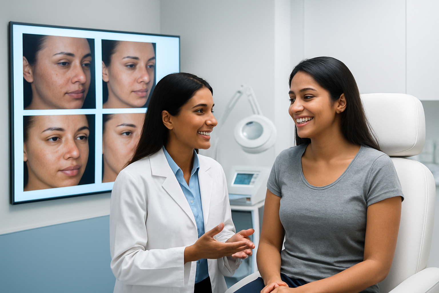 Create a realistic image of a modern dermatology clinic consultation room with before-and-after comparison photos displayed on a digital screen or lightbox, showing various skin treatment results, with a South Asian female dermatologist in a white coat discussing results with a happy South Asian female patient sitting on an examination chair, professional medical equipment visible in the background, bright clinical lighting, clean white and blue color scheme, conveying success and satisfaction. Absolutely NO text should be in the scene.