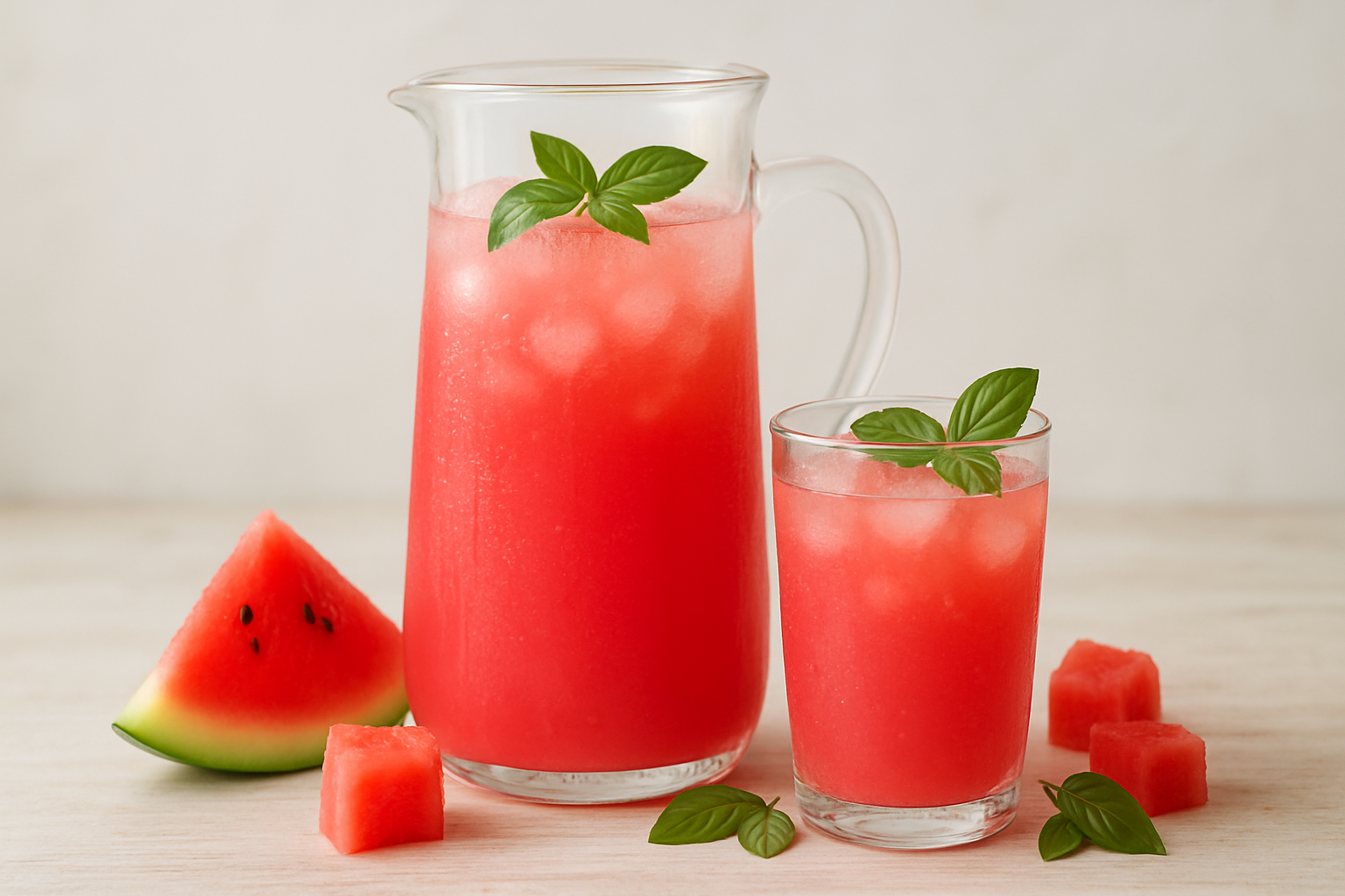 Create a realistic image of a tall glass pitcher filled with vibrant pink watermelon agua fresca garnished with fresh green basil leaves, accompanied by a clear glass filled with the refreshing drink, fresh watermelon chunks and basil sprigs scattered around on a light wooden table, soft natural lighting creating a fresh summery atmosphere, ice cubes visible in both the pitcher and glass, droplets of condensation on the glass surfaces suggesting coolness, clean white or light neutral background, absolutely NO text should be in the scene.