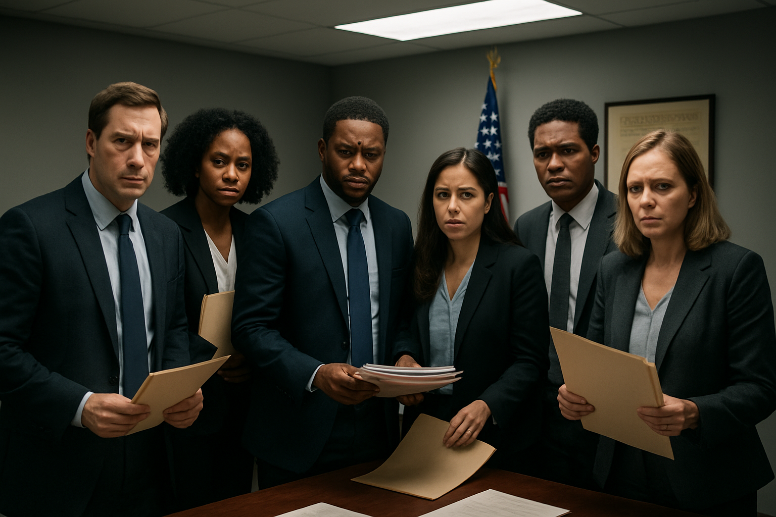 Create a realistic image of a diverse group of civil rights activists including white, black, and Hispanic men and women gathered in a modern office conference room, holding folders and legal documents, with worried expressions on their faces as they plan legal action against government overreach, fluorescent lighting casting serious shadows, American flag and Constitution posters visible on the walls in the background, professional business attire, tense atmosphere suggesting urgent mobilization for constitutional protection, absolutely NO text should be in the scene.
