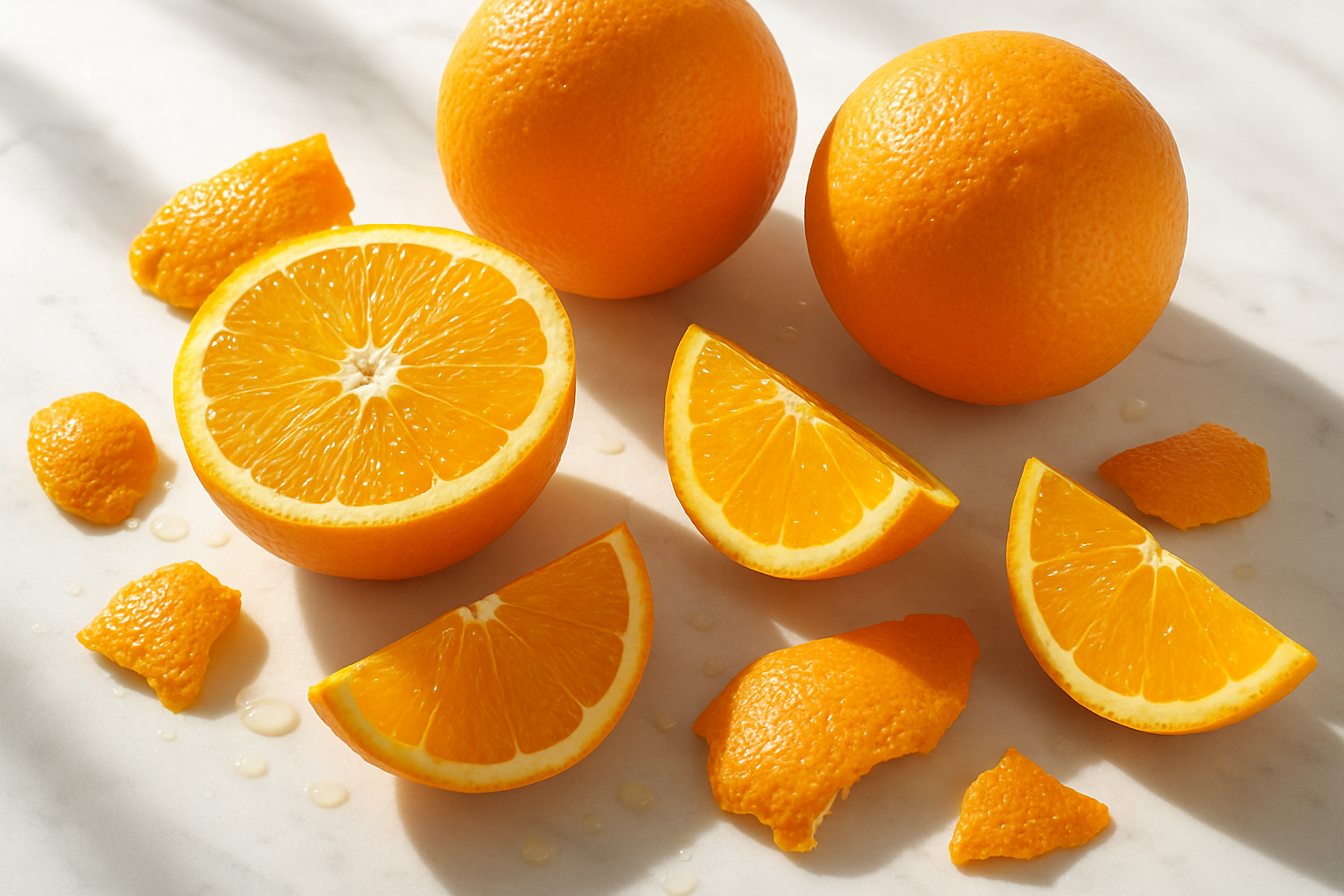 Create a realistic image of fresh whole oranges and orange slices arranged on a clean white marble surface with vibrant orange segments displaying their juicy flesh, scattered orange peels showing the textured skin, droplets of fresh orange juice glistening in natural sunlight streaming from the side, creating soft shadows and highlighting the citrus oils in the peel, with a bright and fresh atmosphere that emphasizes the natural vitamins and nutrients within the fruit, absolutely NO text should be in the scene.