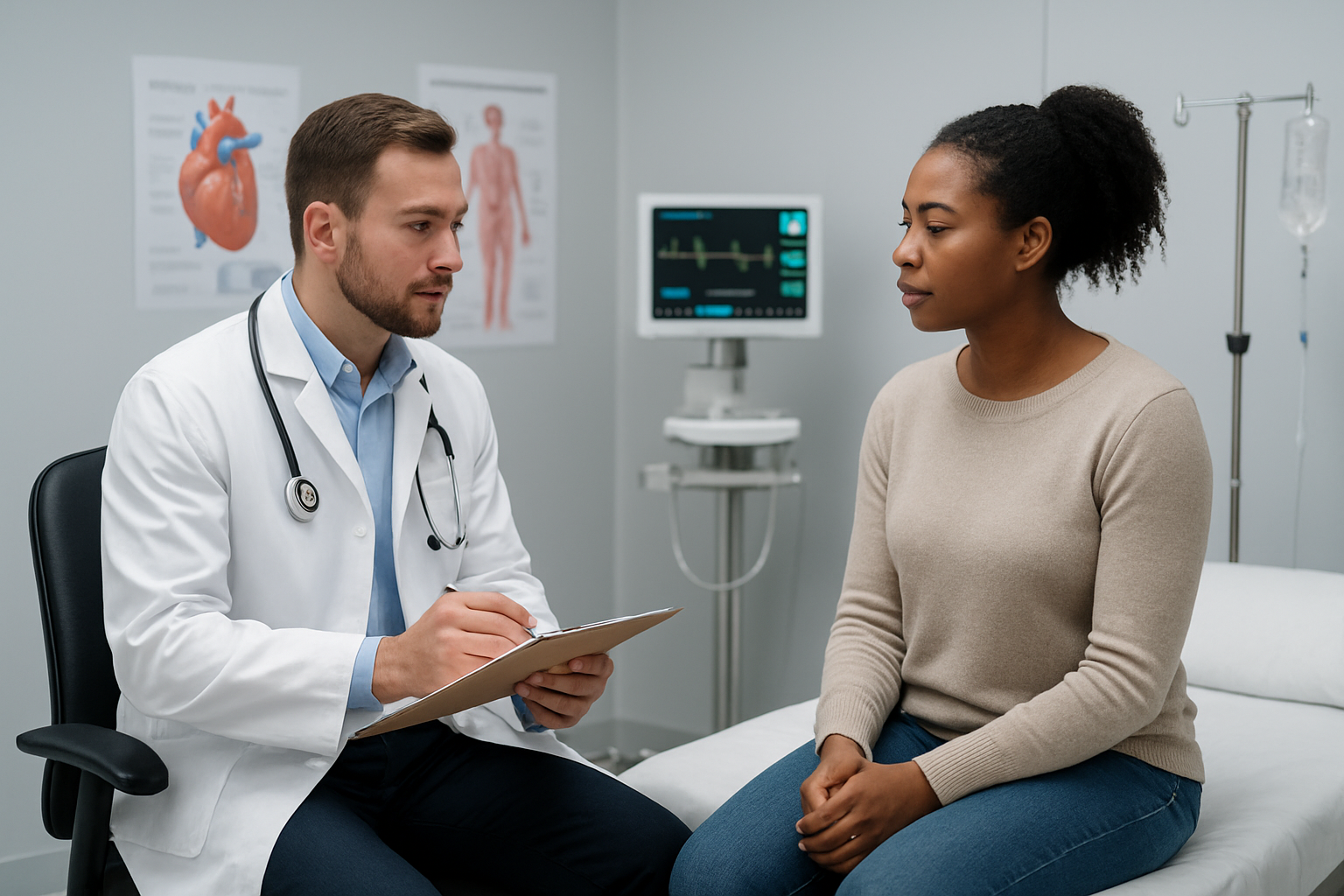 Create a realistic image of a modern medical consultation room with a white male doctor in a white coat discussing treatment protocols with a black female patient, featuring medical monitoring equipment including heart rate monitors and IV stands in the background, professional medical charts on the wall, clean sterile environment with bright clinical lighting, conveying safety and professionalism in a therapeutic setting, absolutely NO text should be in the scene.
