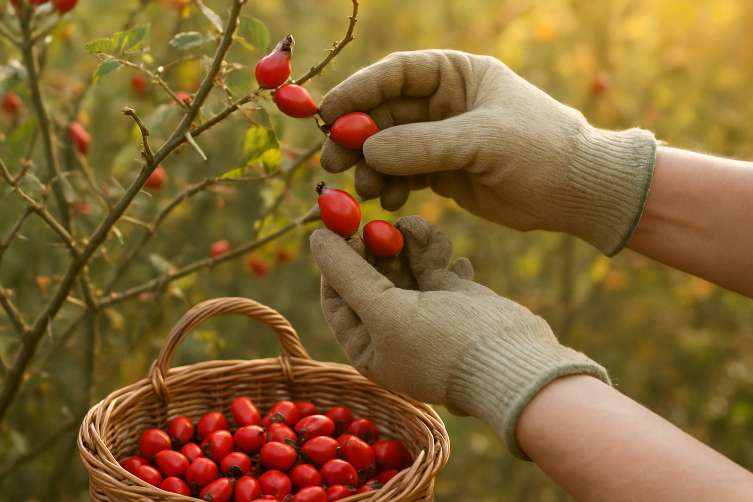 Create a realistic image of a pair of hands wearing gardening gloves carefully picking bright red rose hips from a thorny rose bush, with a small wicker basket partially filled with freshly harvested rose hips visible in the foreground, set in a natural garden environment with soft autumn lighting filtering through, showing the detailed texture of the oval-shaped rose hips and the thorny stems, captured from a close-up perspective that emphasizes the careful harvesting technique, absolutely NO text should be in the scene.