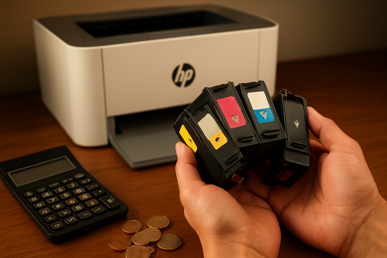 Create a realistic image of hands holding several HP ink cartridges next to a calculator and coins on a wooden desk, with an HP LaserJet 108w printer in the background, warm office lighting, conveying a cost-saving and budget-conscious atmosphere, absolutely NO text should be in the scene.