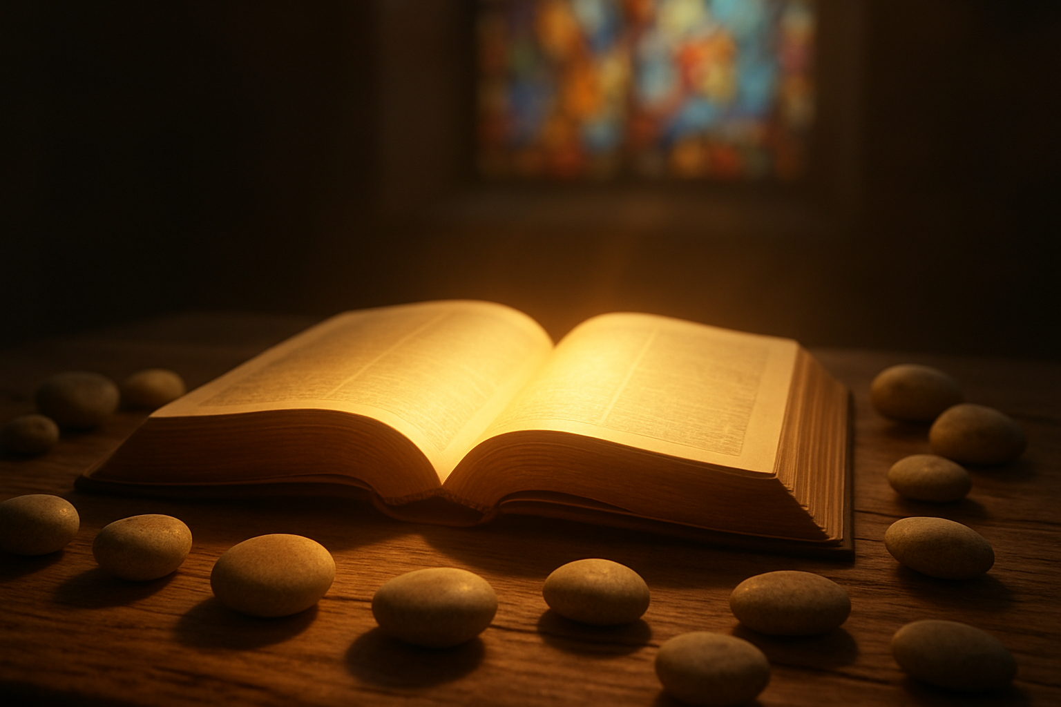 Create a realistic image of an open Bible with warm golden light radiating from its pages, surrounded by scattered smooth foundation stones on a wooden table, with a soft-focus background showing a stained glass window casting colorful light patterns, creating a peaceful and sacred atmosphere that conveys spiritual foundation and divine love, absolutely NO text should be in the scene.