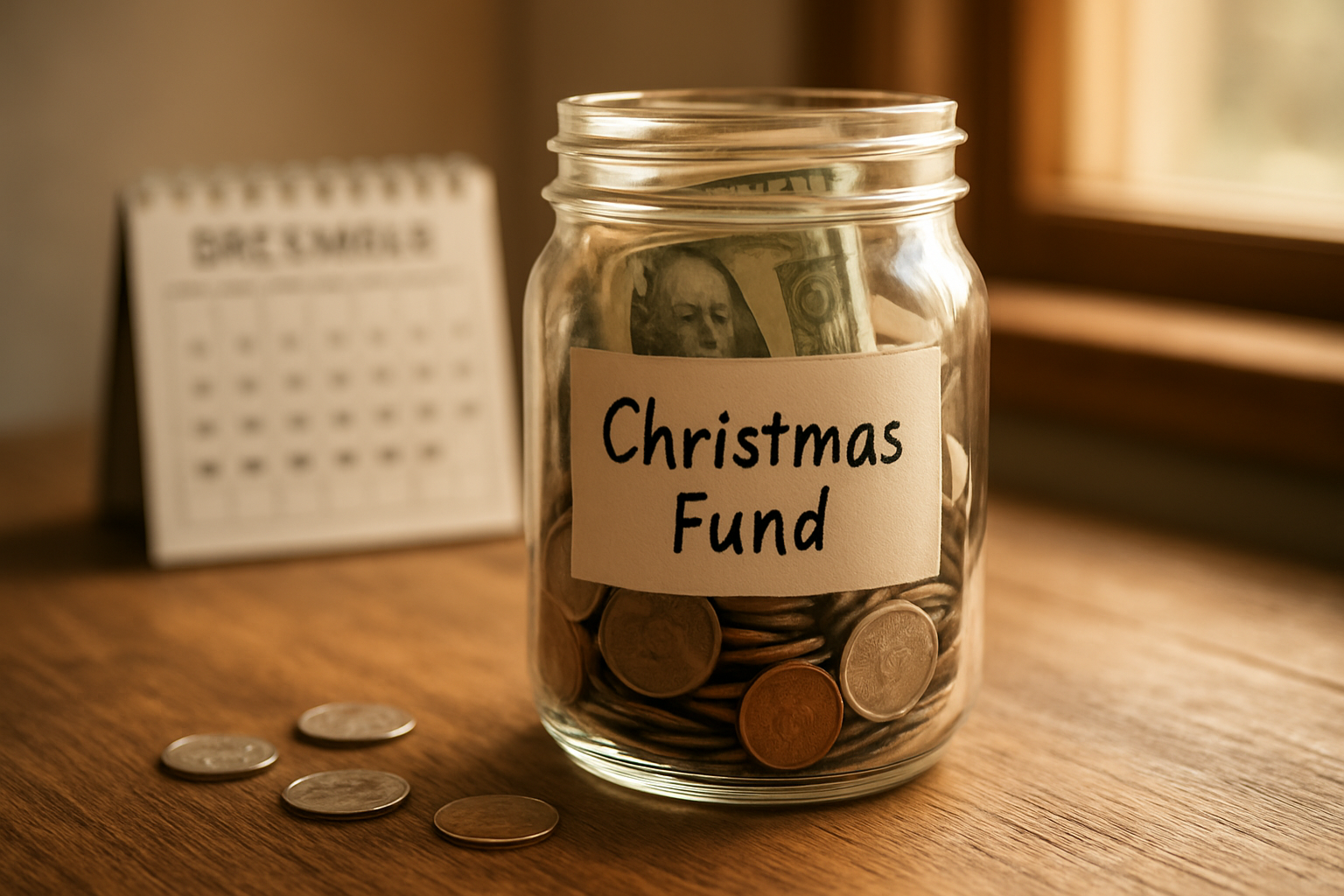 Create a realistic image of a clear glass mason jar filled with coins and dollar bills sitting on a wooden table, with a small handwritten label that says "Christmas Fund" attached to the jar, surrounded by a few scattered coins, a small calendar showing December in the background, and warm natural lighting from a nearby window creating a cozy savings atmosphere, absolutely NO text should be in the scene.