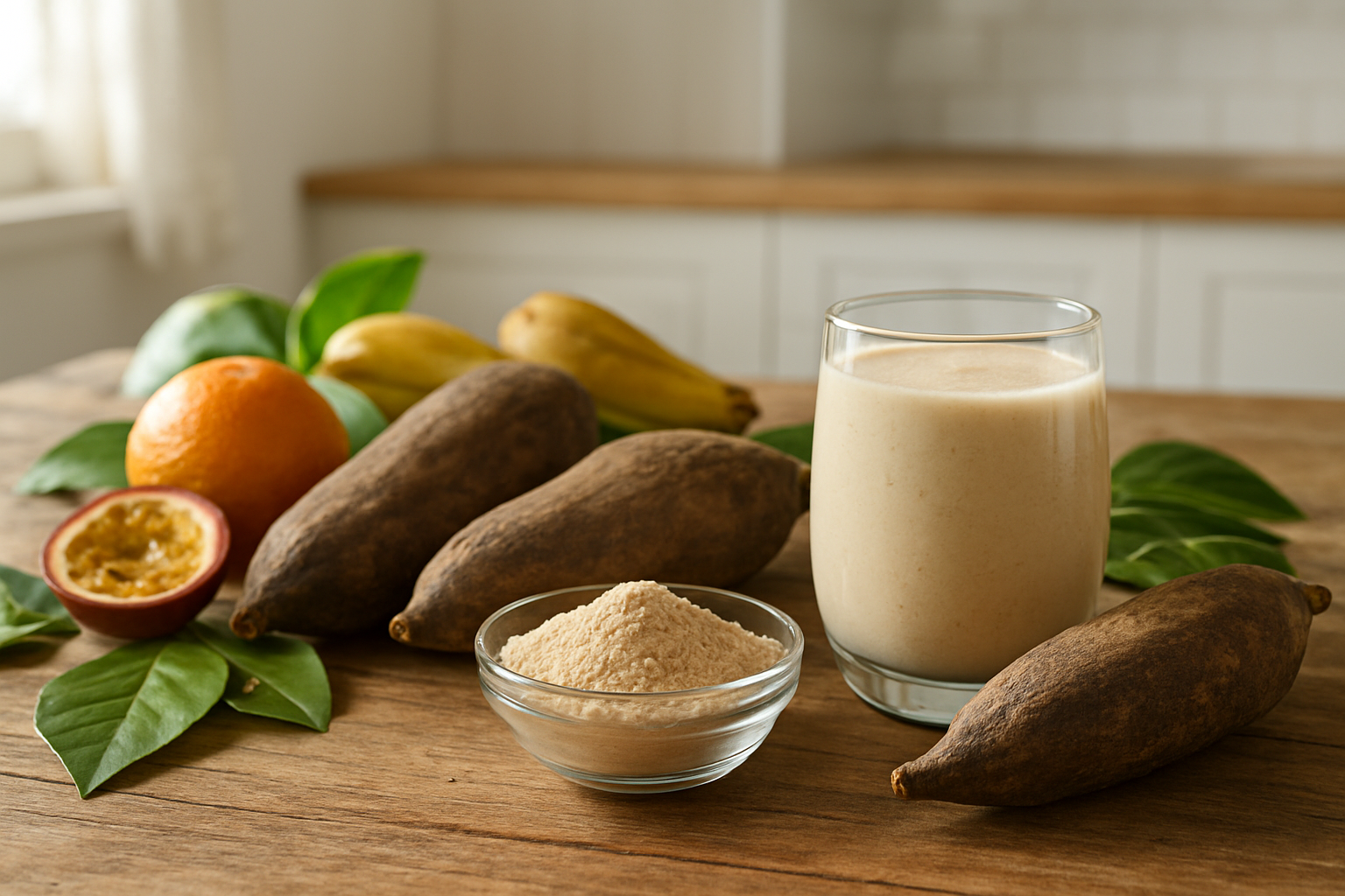 Create a realistic image of a rustic wooden table displaying various baobab fruit products including whole dried baobab pods, baobab powder in a glass bowl, and baobab smoothie in a clear glass, surrounded by fresh tropical fruits and green leaves, with soft natural sunlight streaming from the left side creating gentle shadows, set against a clean white kitchen background with subtle wooden textures, conveying a healthy lifestyle and natural wellness theme, absolutely NO text should be in the scene.