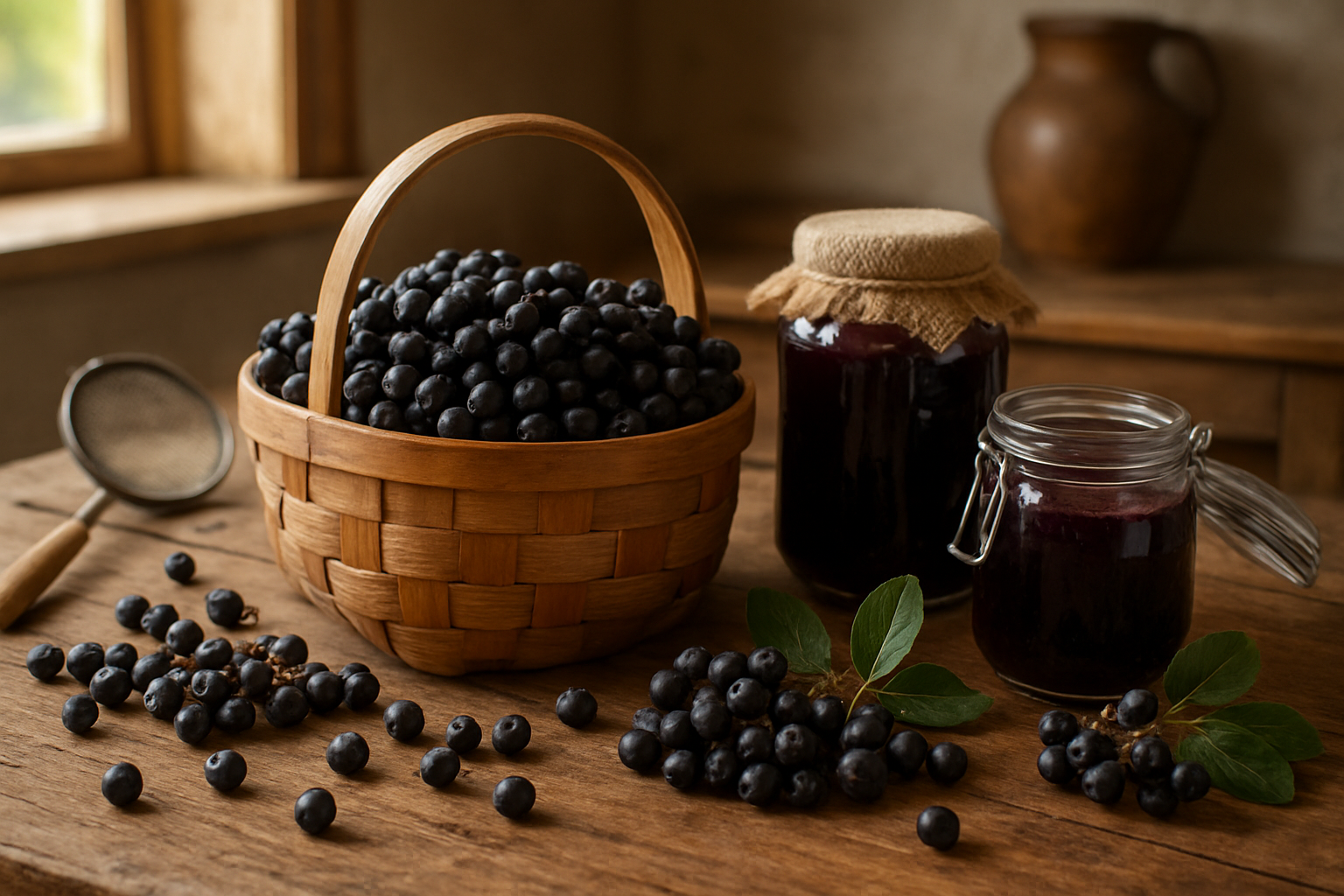 Create a realistic image of freshly harvested purple chokeberries in a rustic wooden basket, with some berries scattered on a wooden table surface, alongside traditional preserving jars filled with purple chokeberry jam or juice, a few fresh berry clusters with leaves still attached, and kitchen utensils like a wooden spoon and strainer, set in a cozy farmhouse kitchen with warm natural lighting from a window, absolutely NO text should be in the scene.