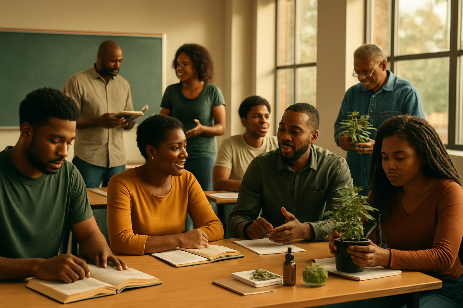 Create a realistic image of a diverse group of black male and female students and community members gathered in a modern classroom or community center setting, engaged in educational activities related to cannabis cultivation and business, with some people reading books, others participating in discussions, and a few examining cannabis plants or products on tables, warm natural lighting streaming through large windows, creating an atmosphere of learning and empowerment, with educational materials and notebooks visible on desks, conveying hope and progress for the future, absolutely NO text should be in the scene.