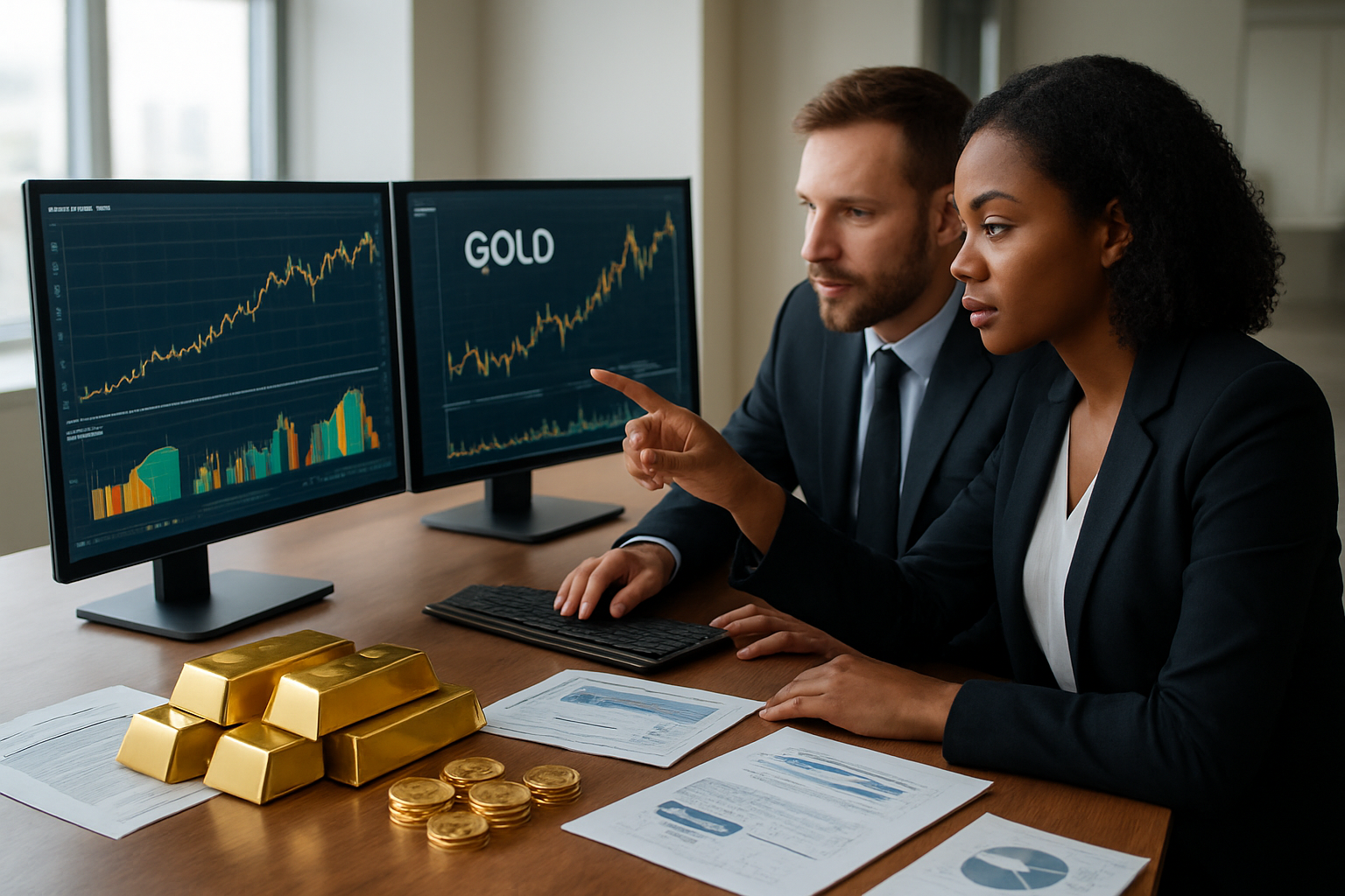 Create a realistic image of a modern professional workspace with financial charts and graphs displayed on computer monitors showing gold market trends, a diverse group including a white male and black female financial analysts examining data, gold bullion bars and coins arranged on a polished wooden desk, educational materials like market reports and investment guides spread across the surface, soft natural lighting from large windows, clean contemporary office environment with neutral tones, focused and analytical atmosphere suggesting learning and market research, absolutely NO text should be in the scene.