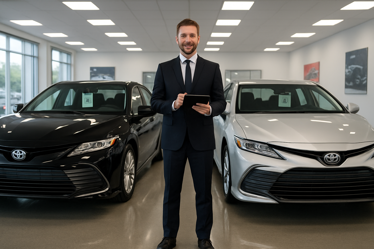 Create a realistic image of two Toyota Camry Hybrid cars parked side by side in a modern car dealership showroom, one representing the 2023 model and one the 2024 model, with price tags hanging from the rearview mirrors, a professional white male salesperson in a business suit standing between the vehicles holding a tablet with pricing information, bright LED showroom lighting creating a clean commercial atmosphere, polished concrete floors reflecting the vehicles, large windows in the background showing natural daylight, and promotional banners visible on the walls, absolutely NO text should be in the scene.