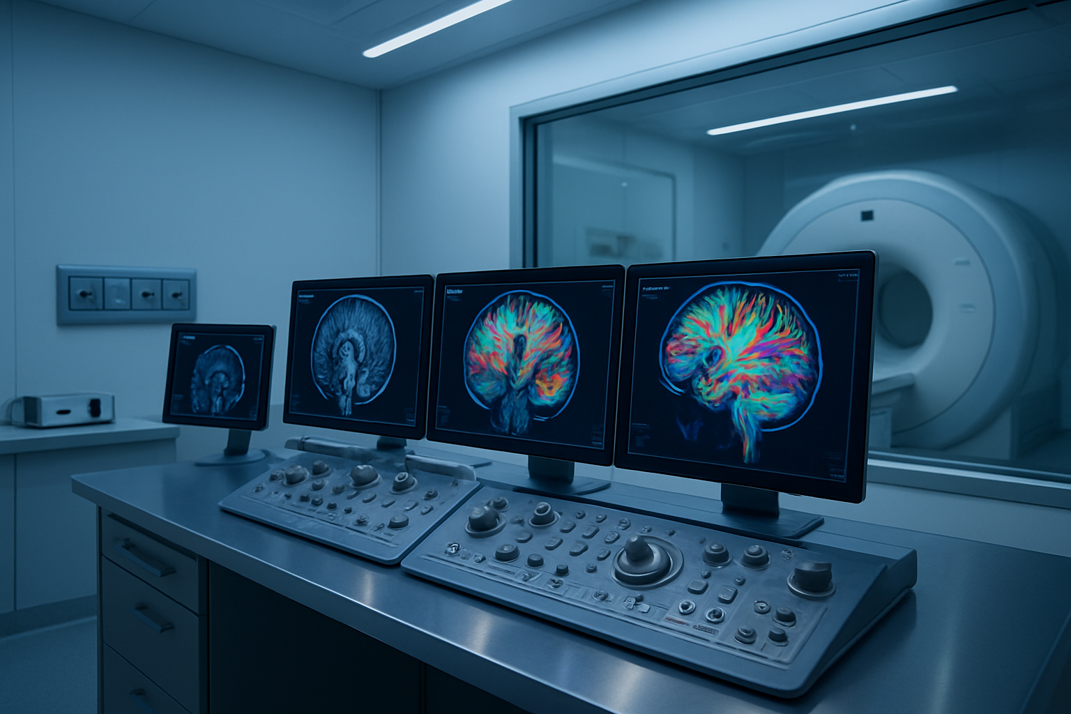 Create a realistic image of a modern medical imaging control room with multiple high-resolution computer monitors displaying colorful DTI brain scan images and fiber tract visualizations, featuring advanced MRI control panels with precise calibration dials and technical parameter settings, a clean sterile environment with professional medical equipment, soft blue-white LED lighting creating a focused technical atmosphere, and sleek metallic surfaces reflecting the monitor displays, absolutely NO text should be in the scene.